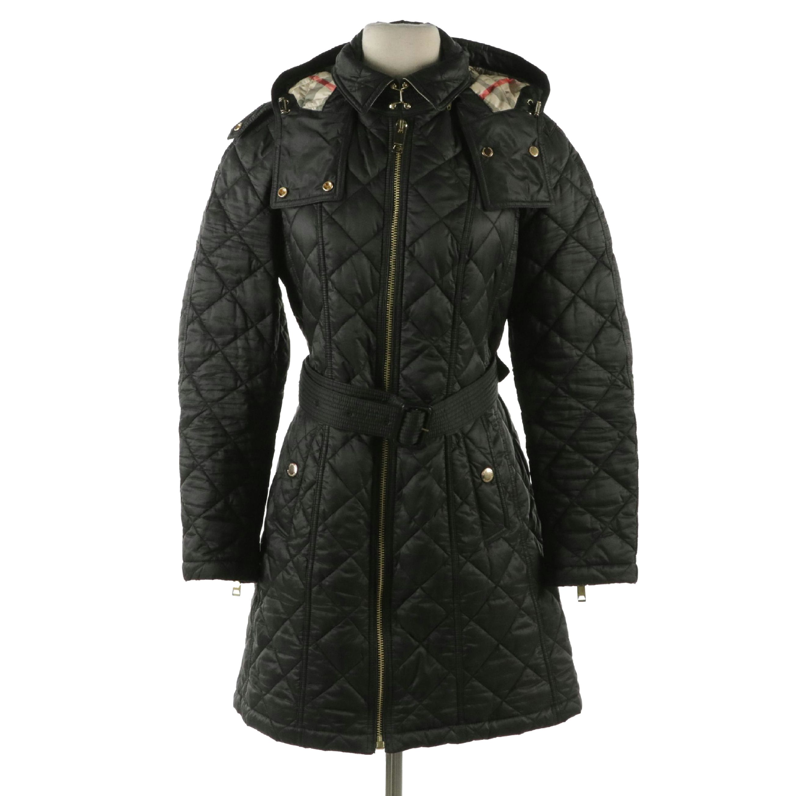Burberry Lightweight Puffer Belted Jacket Coat with Detachable Hood