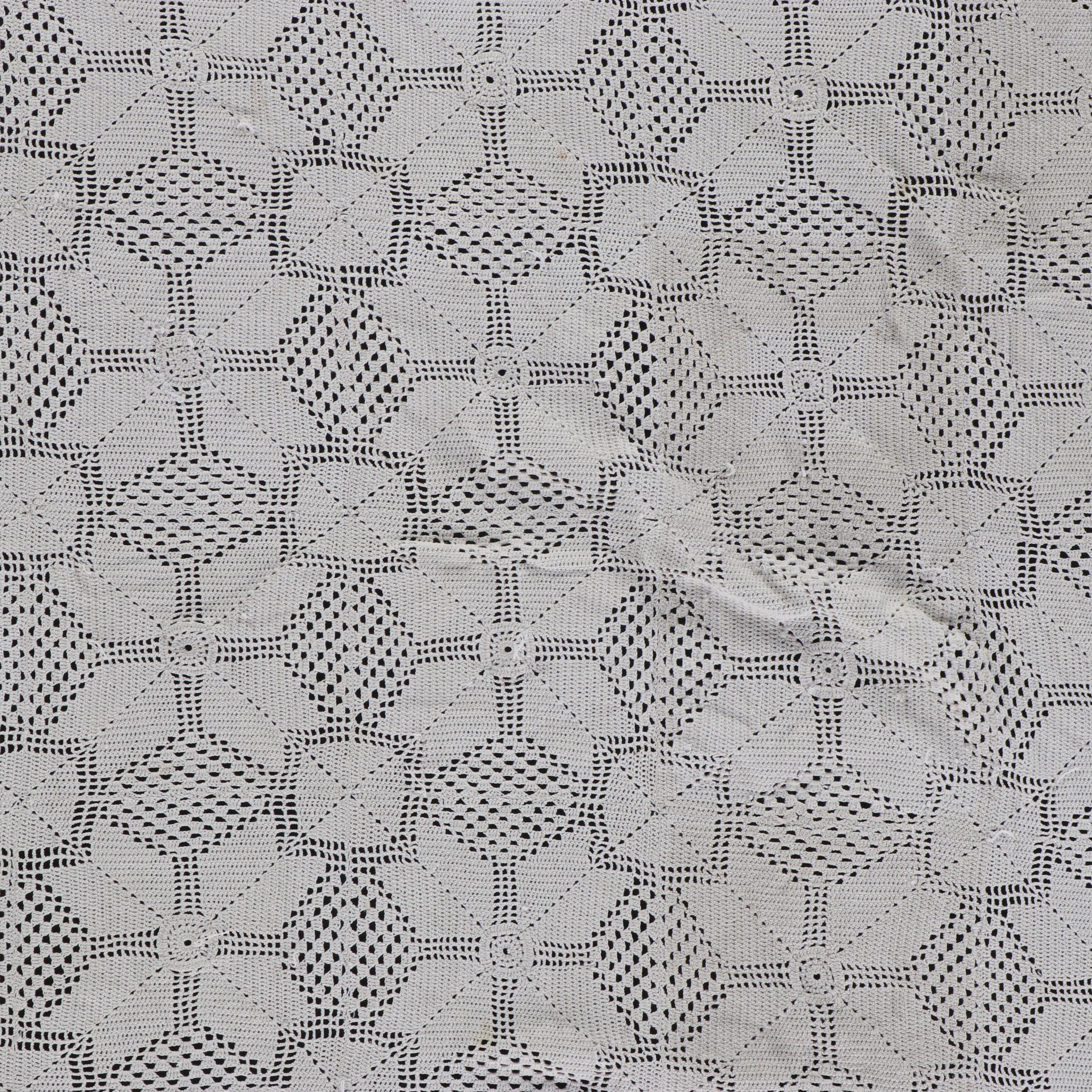 Handmade Diamond Pattern Crocheted Coverlet with Fringe