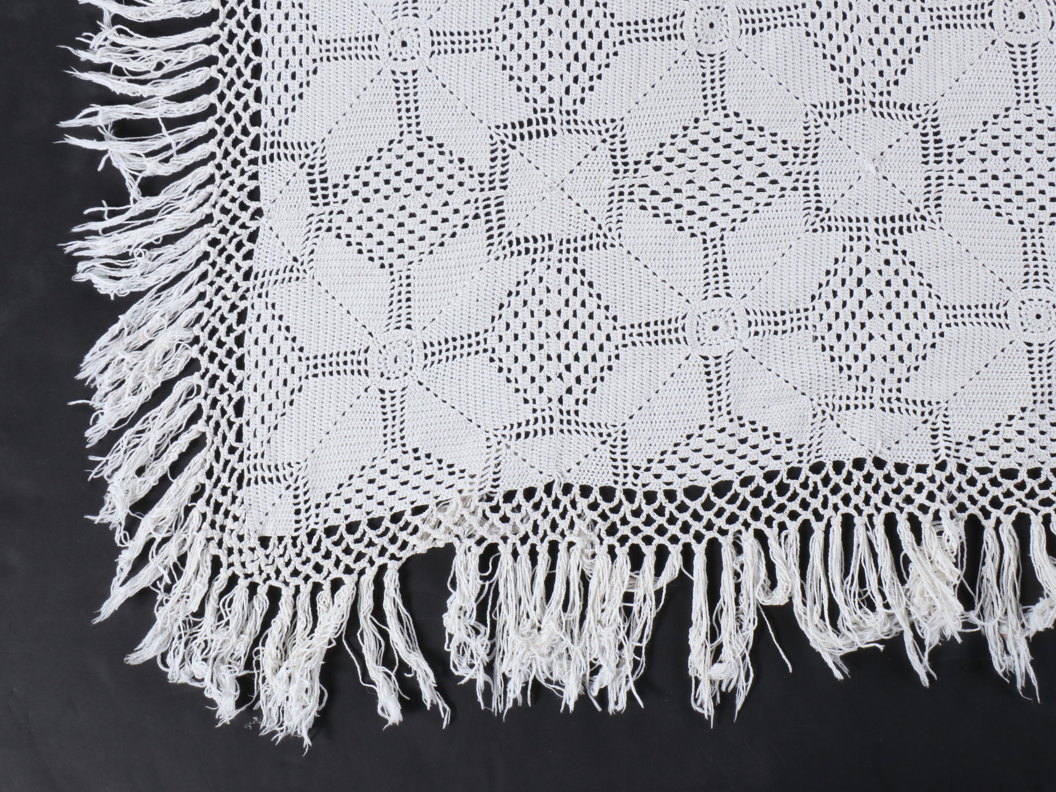Handmade Diamond Pattern Crocheted Coverlet with Fringe