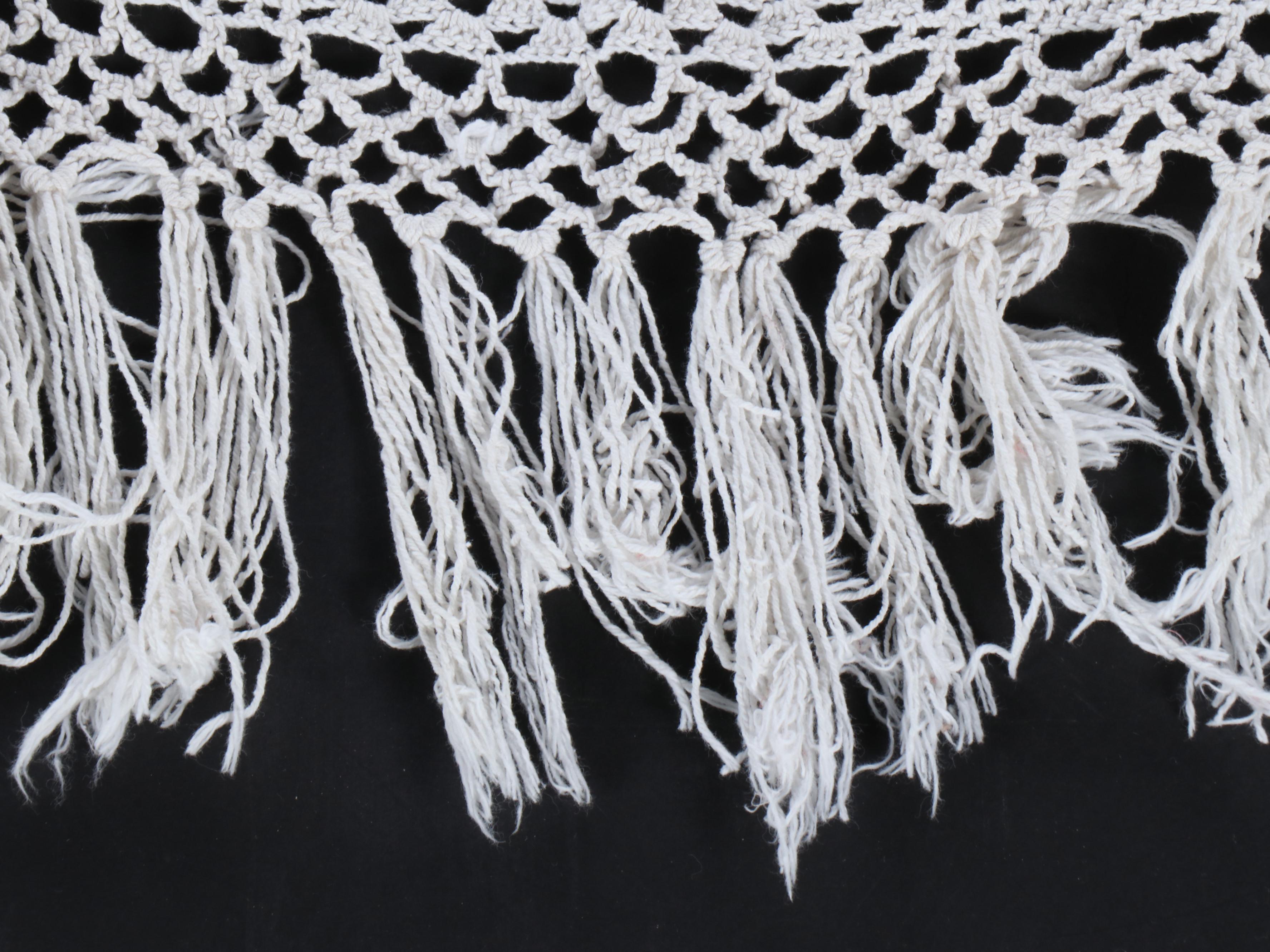 Handmade Diamond Pattern Crocheted Coverlet with Fringe