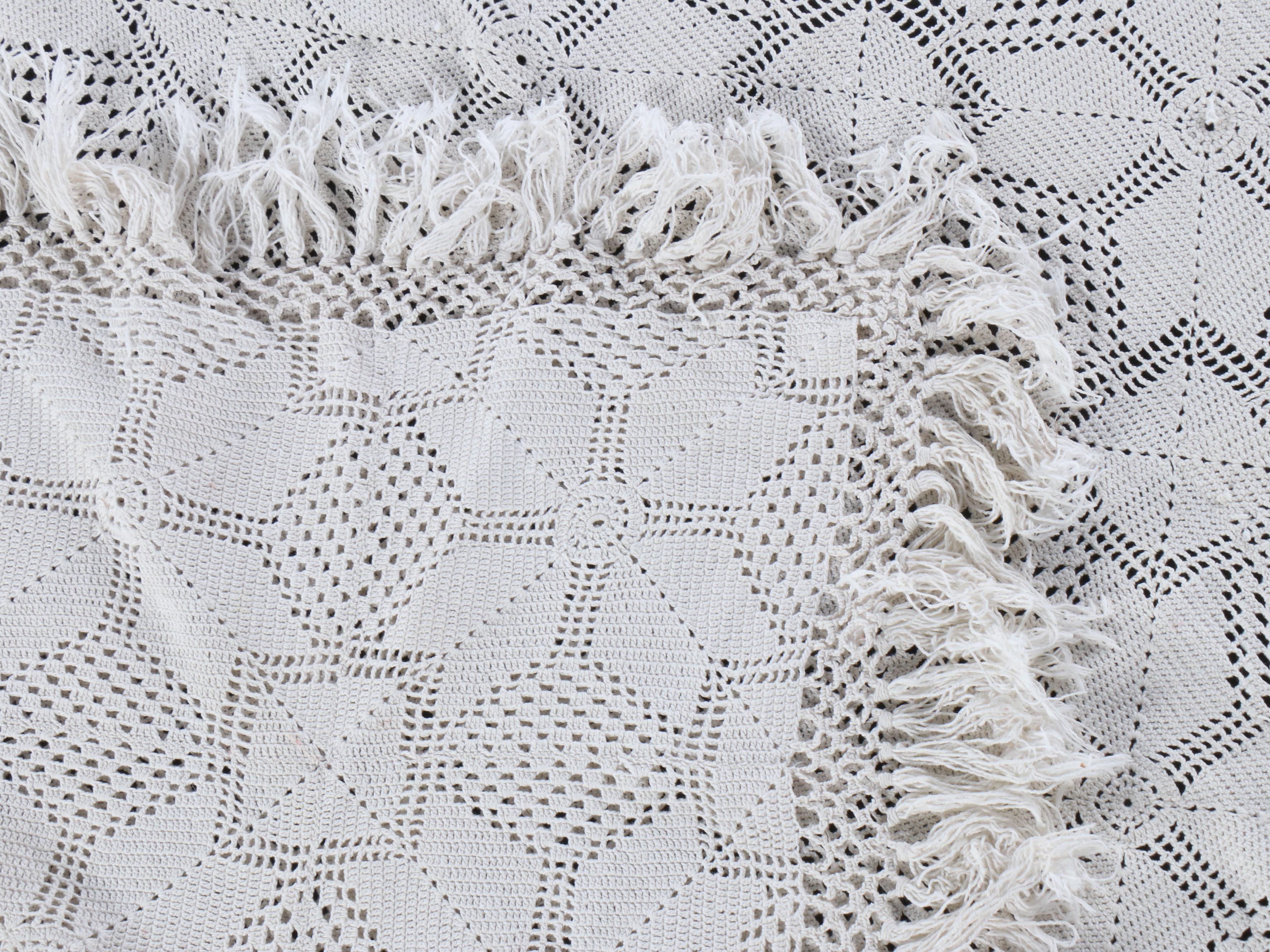 Handmade Diamond Pattern Crocheted Coverlet with Fringe