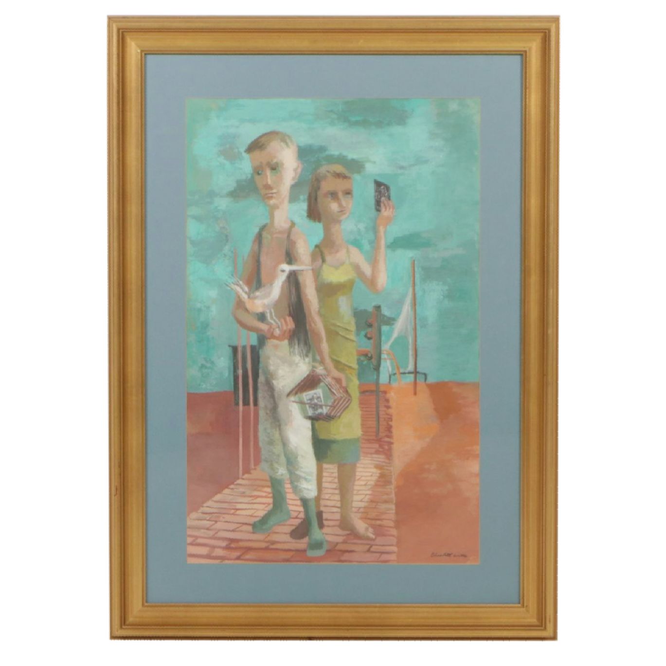 Elisabeth Watts Beattie Acrylic Portrait Painting of Two Figures and a Seagull,