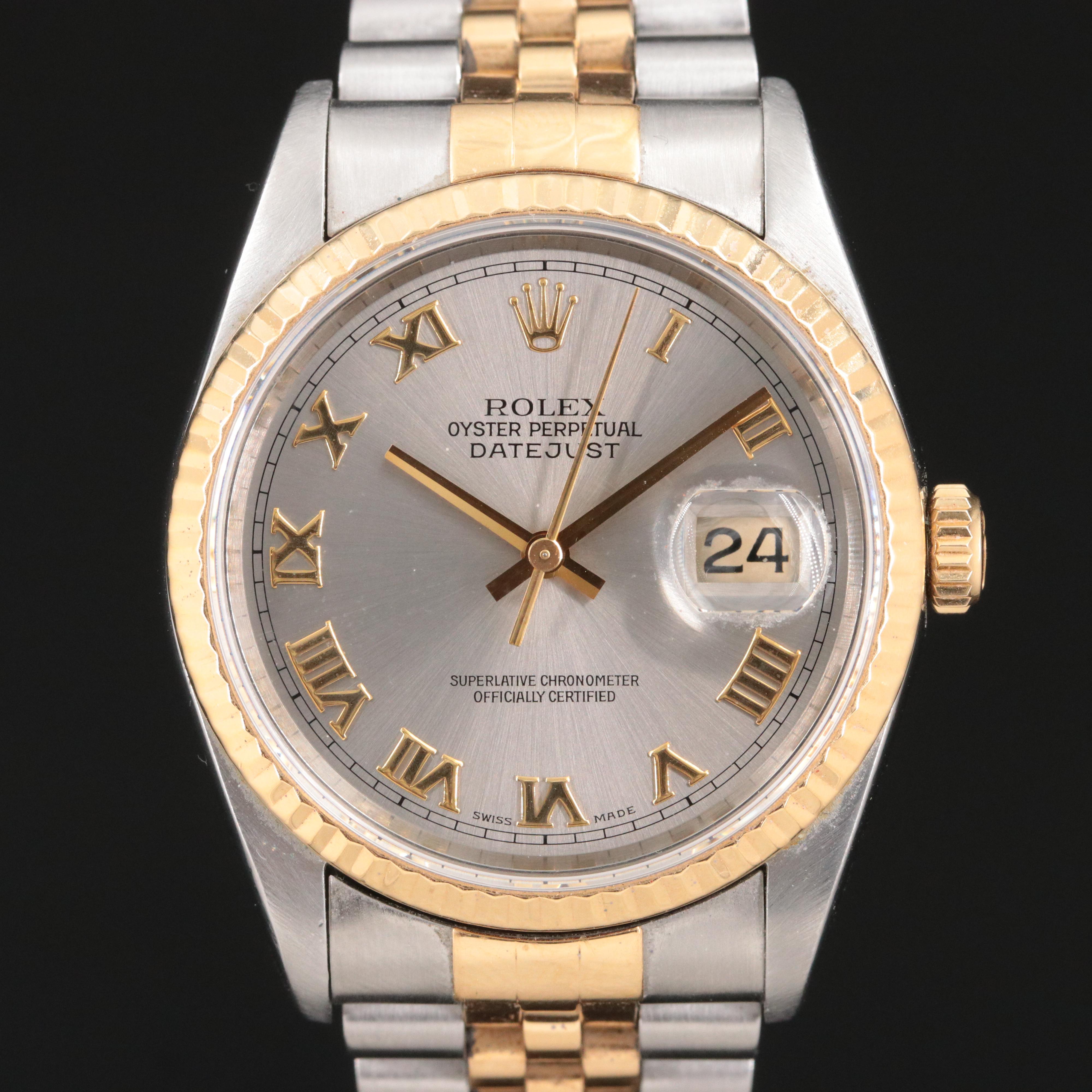 1996 -1997 Rolex Gray Roman Dial 18K & Steel Datejust Watch