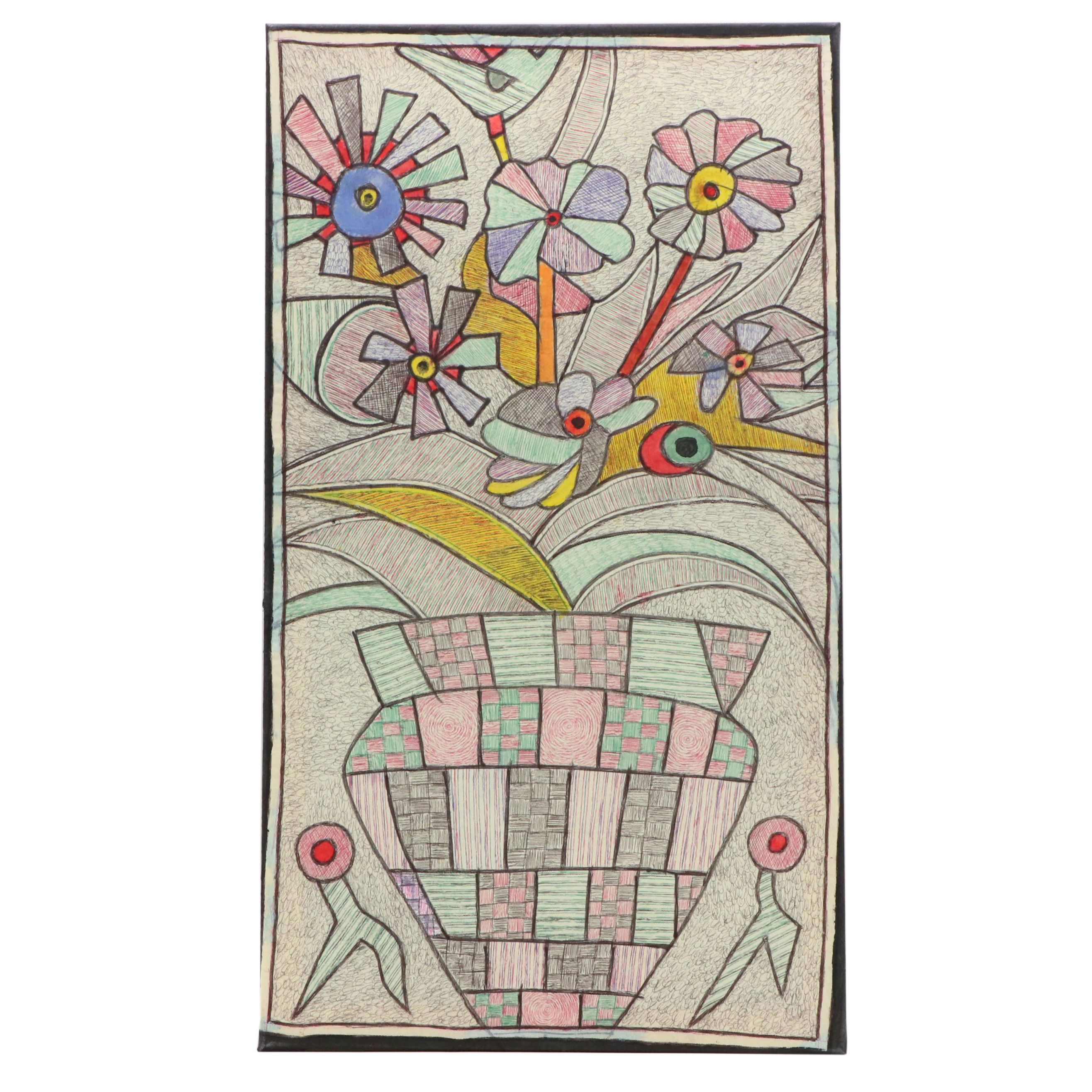 Kayode Buraimoh Mixed Media Painting "Flower Pot," 2025