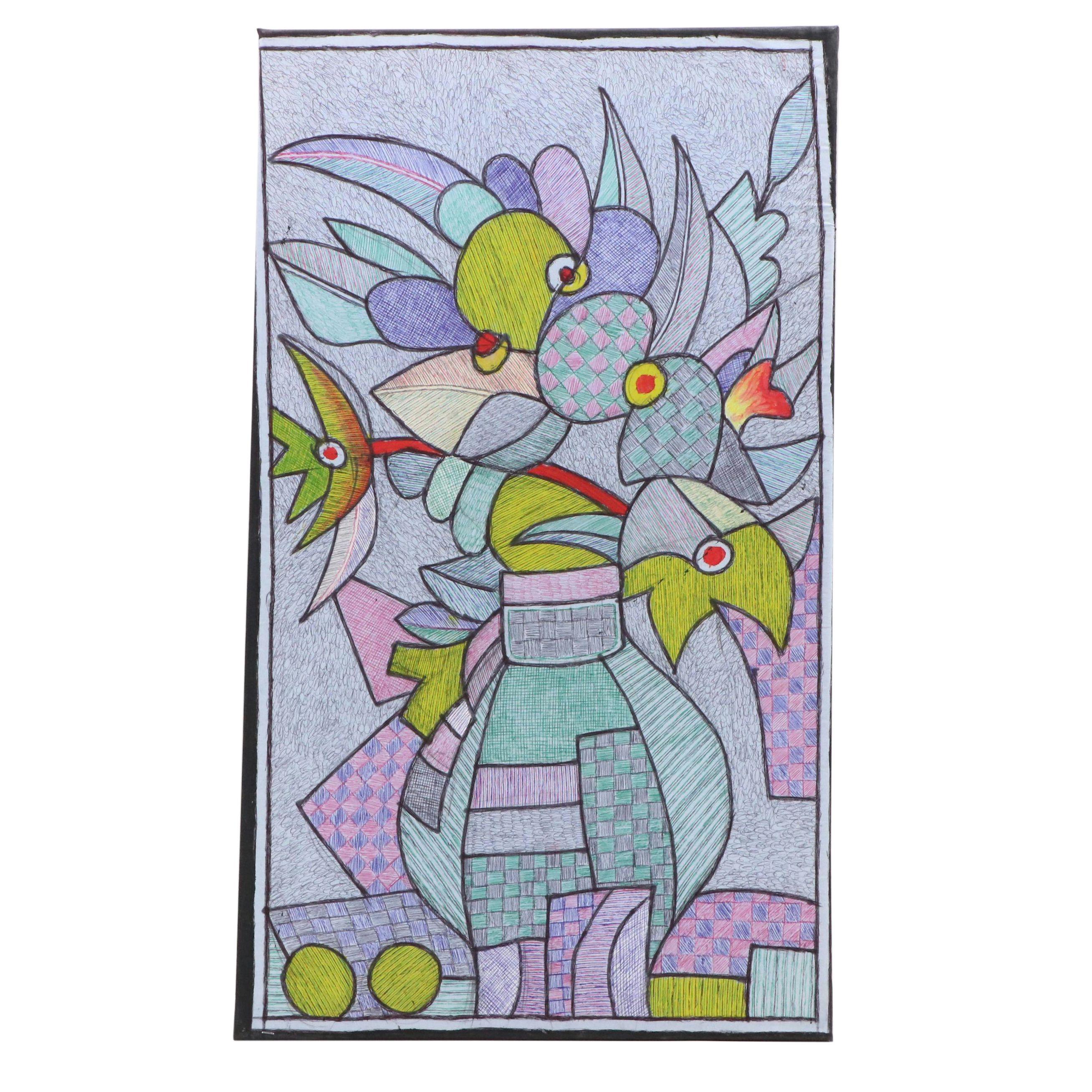 Kayode Buraimoh Mixed Media Painting "Flower Pot," 2025