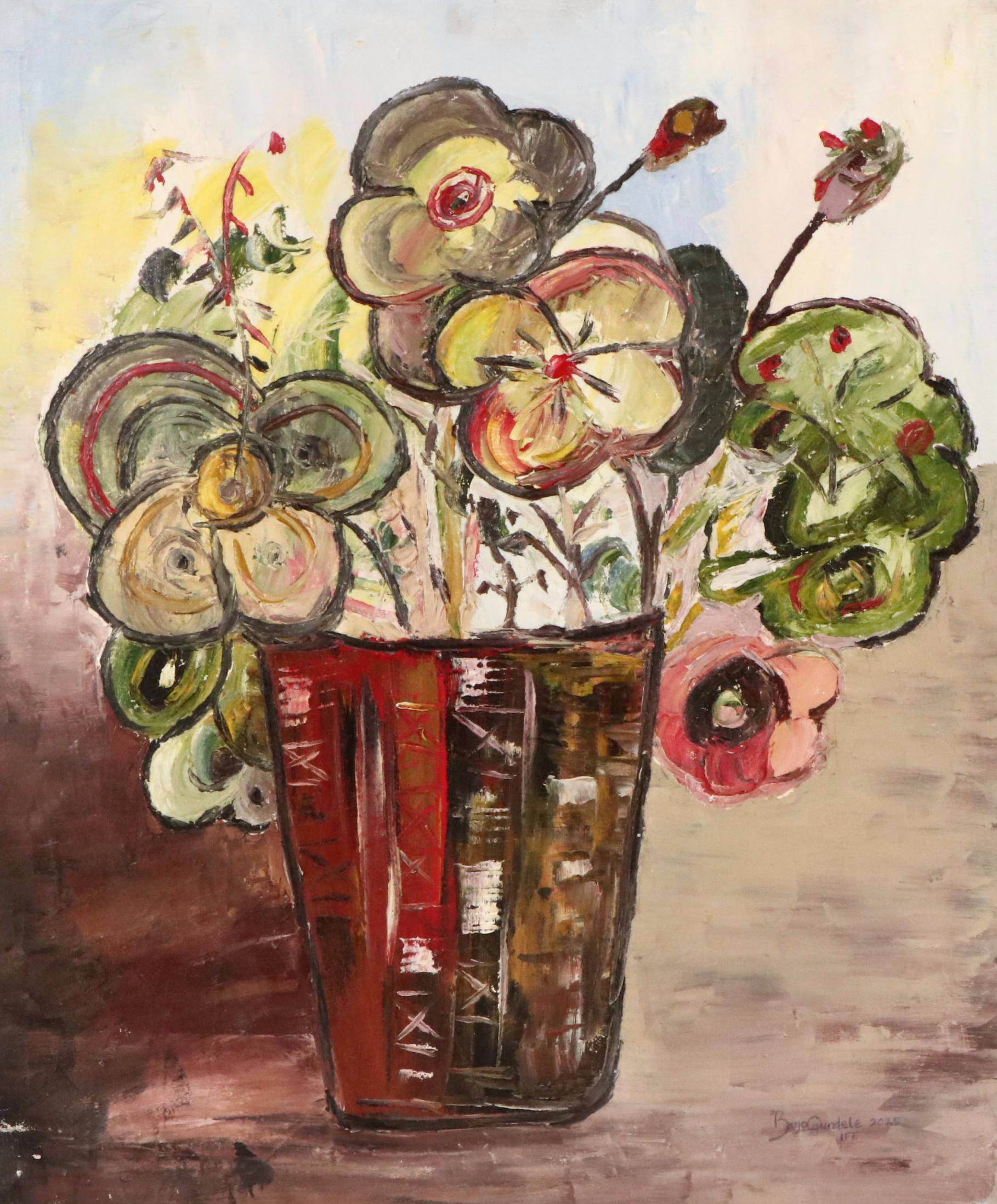 Bayo Ogundele Stylized Floral Still Life Oil Painting, 2025