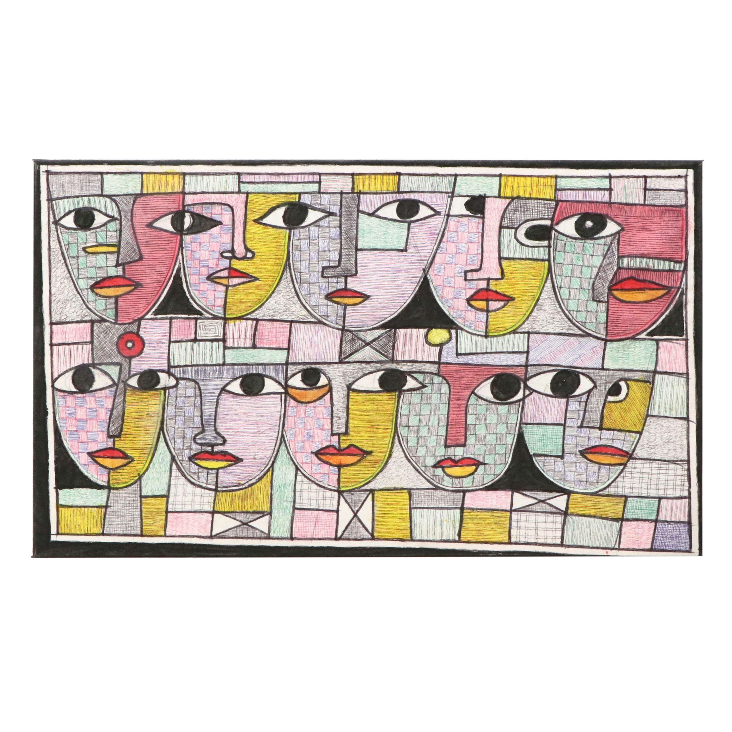 Kayode Buraimoh Mixed Media Painting "Collection of Faces," 2025