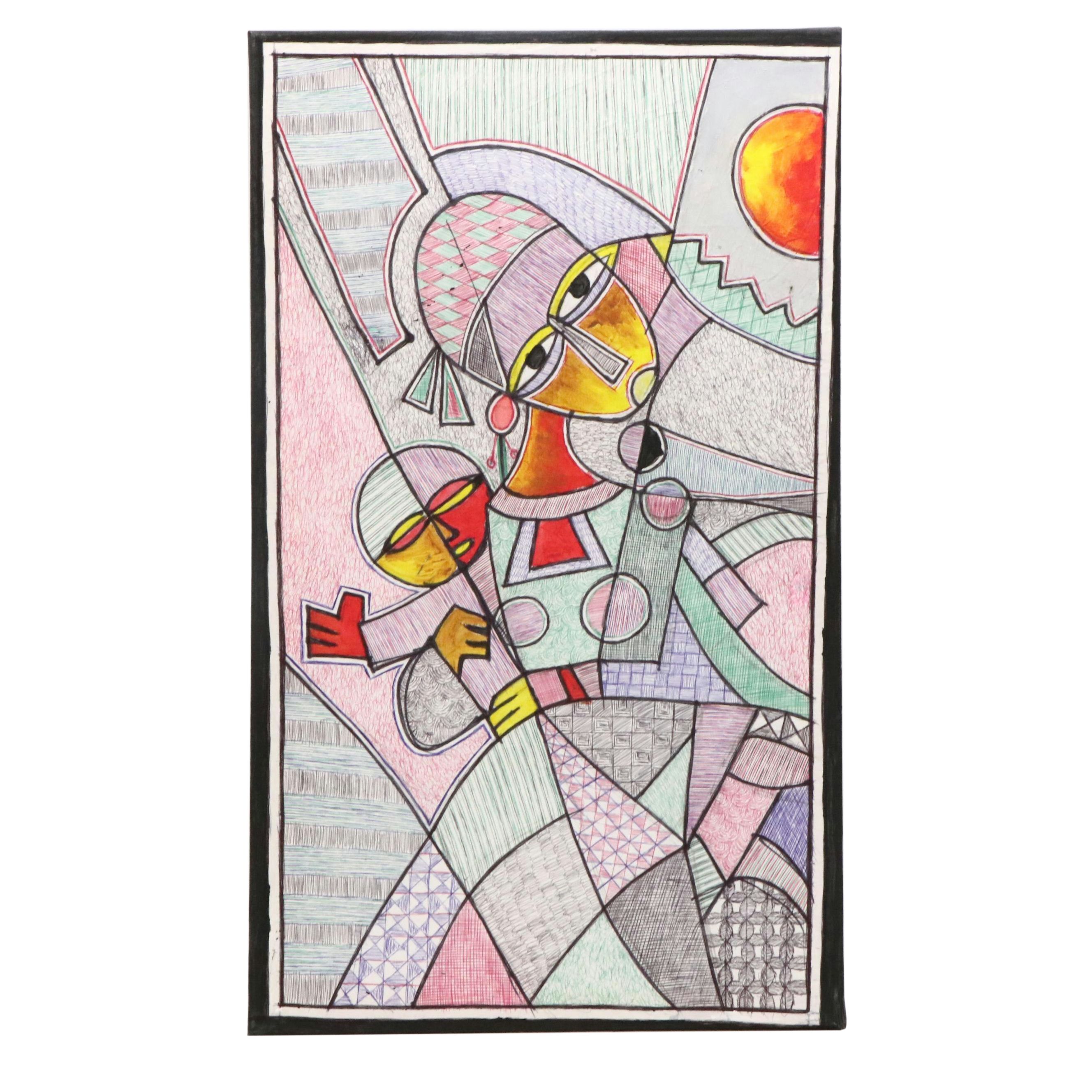 Kayode Buraimoh Mixed Media Painting of Mother Holding Baby, 2025