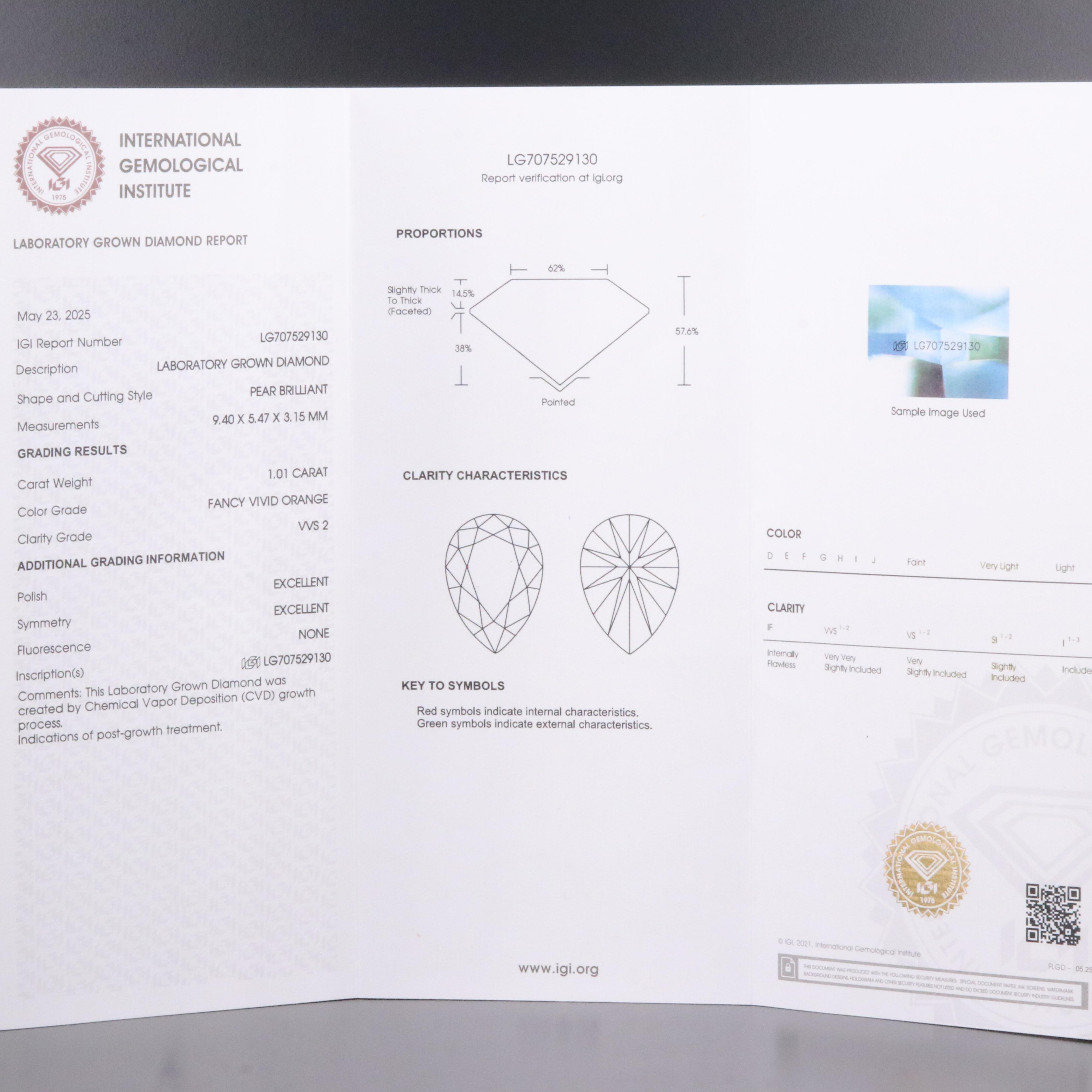 Loose 1.01 CT Lab Grown Fancy Orange Diamond with IGI Report
