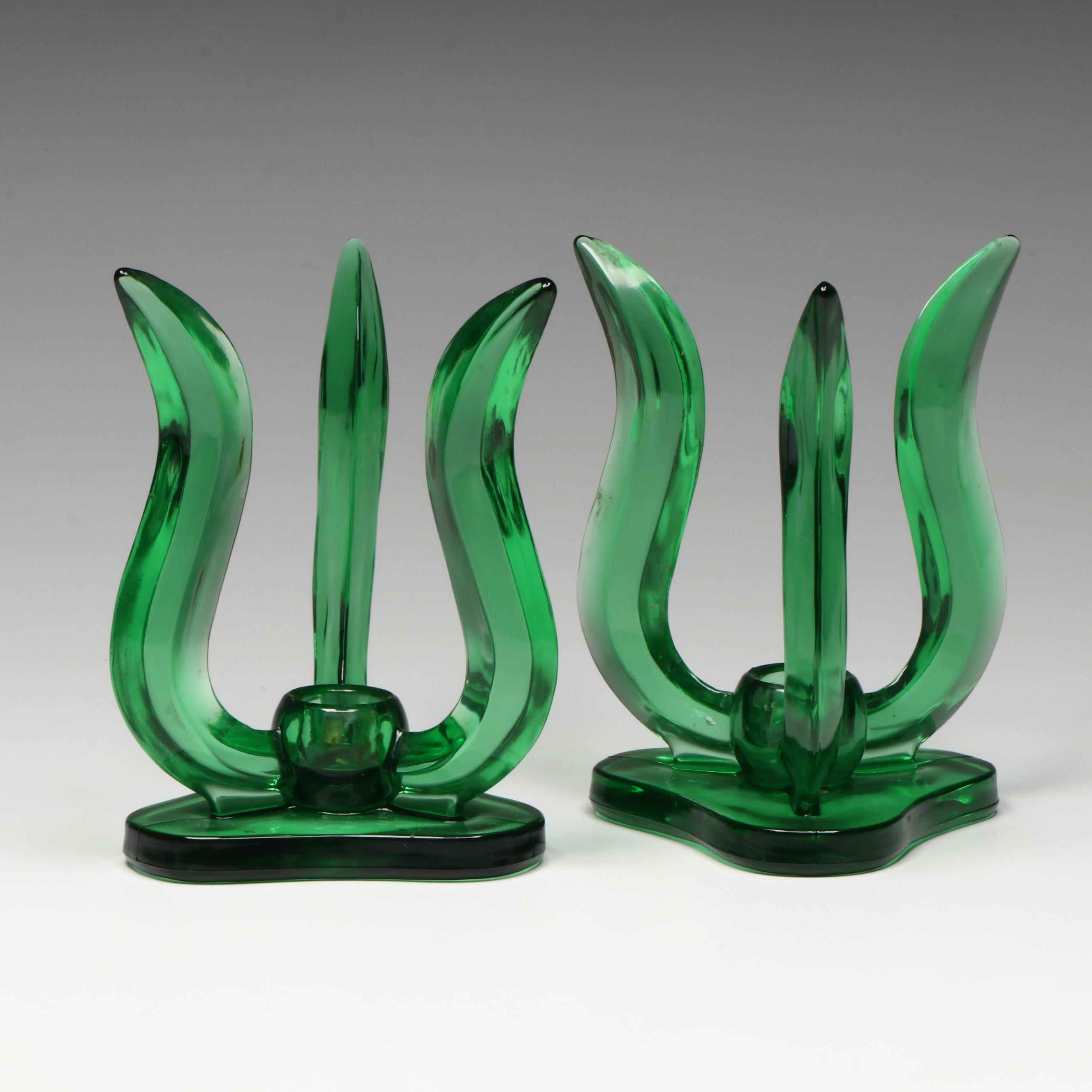 Pair of Viking Glass MCM Emerald Glass Candle Holders