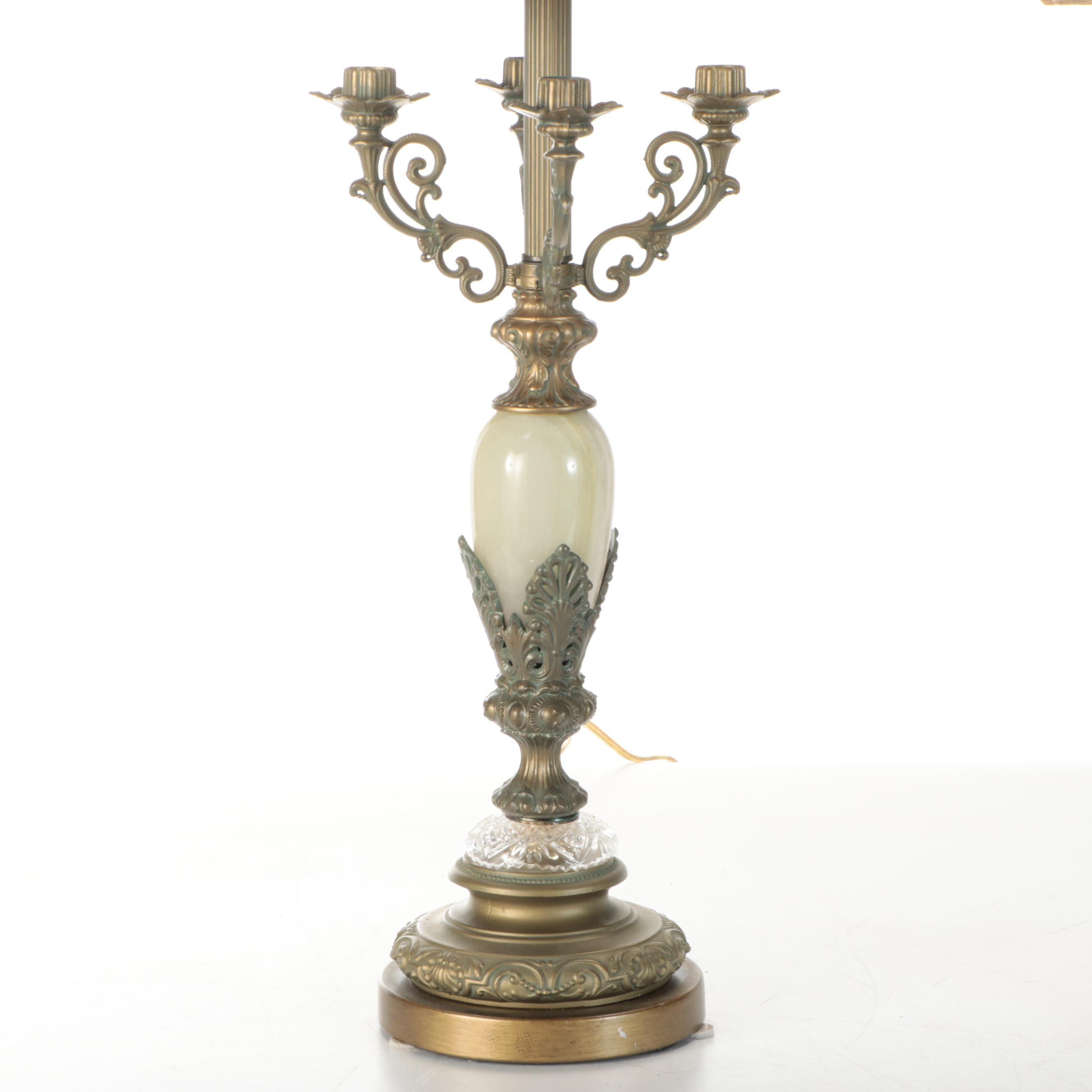 Neoclassical Style Metal and Calcite Candelabra Lamps, Custom Silk Shades