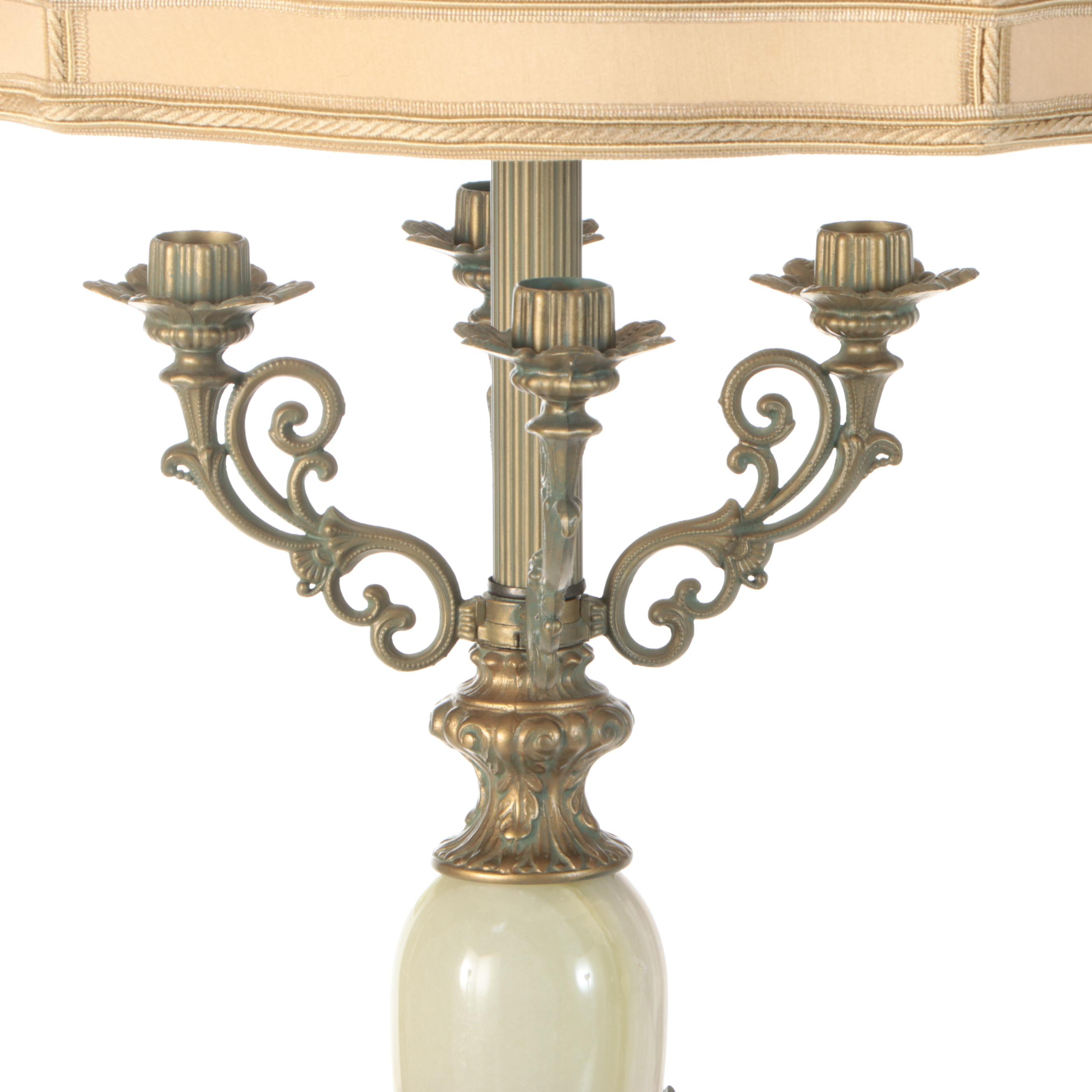 Neoclassical Style Metal and Calcite Candelabra Lamps, Custom Silk Shades