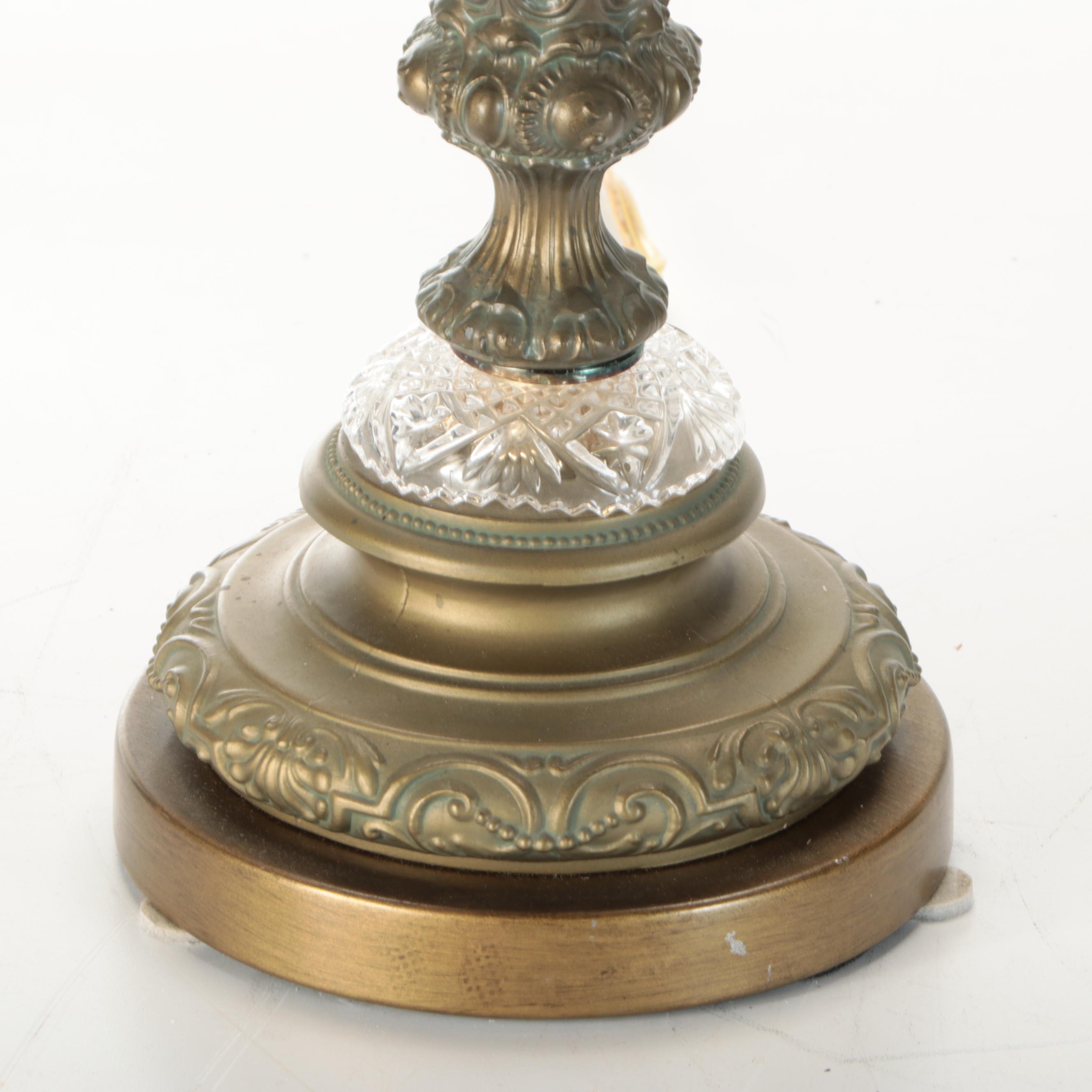 Neoclassical Style Metal and Calcite Candelabra Lamps, Custom Silk Shades