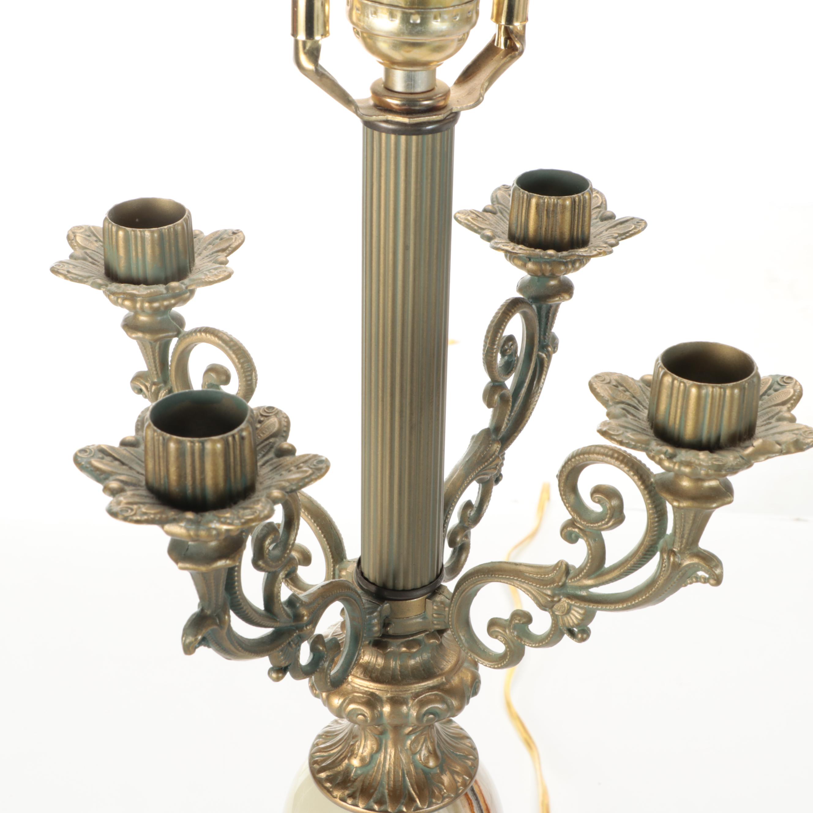 Neoclassical Style Metal and Calcite Candelabra Lamps, Custom Silk Shades