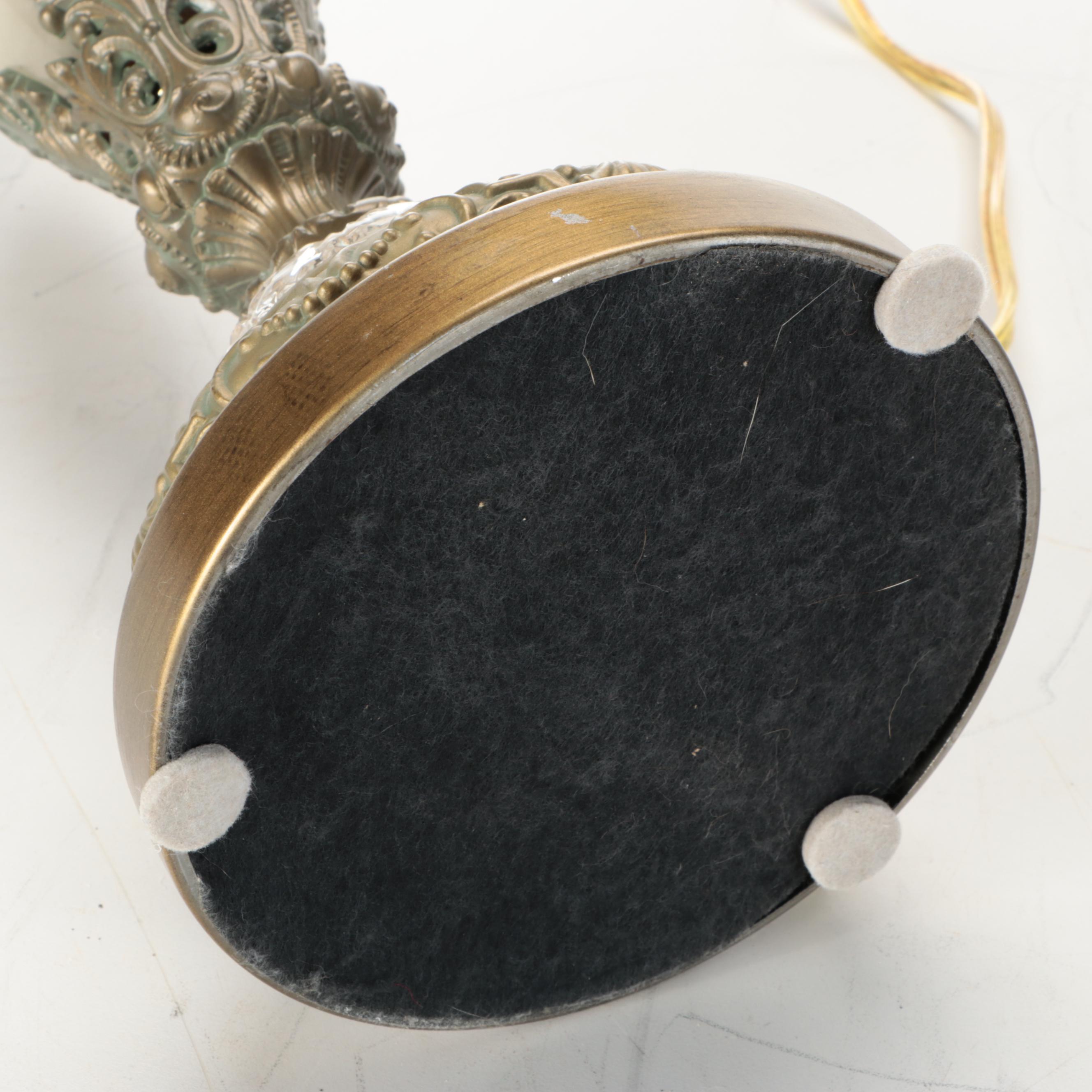 Neoclassical Style Metal and Calcite Candelabra Lamps, Custom Silk Shades