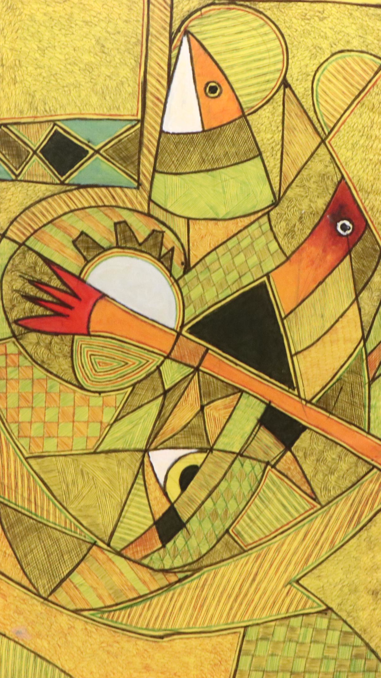 Kayode Buraimoh Mixed Media Painting "Feeding Fish," 2025