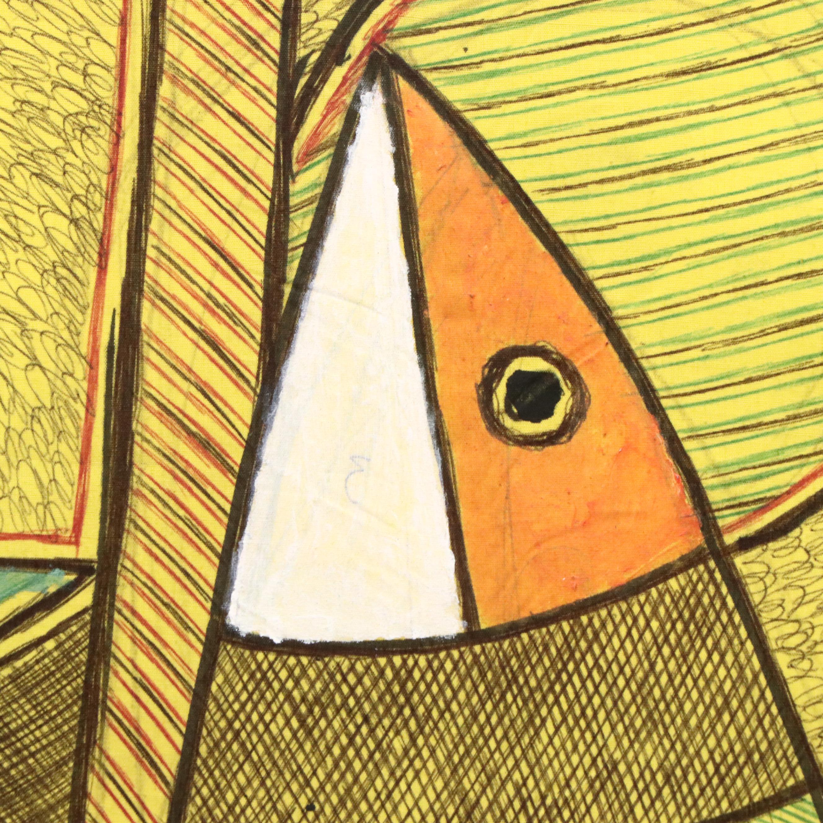 Kayode Buraimoh Mixed Media Painting "Feeding Fish," 2025