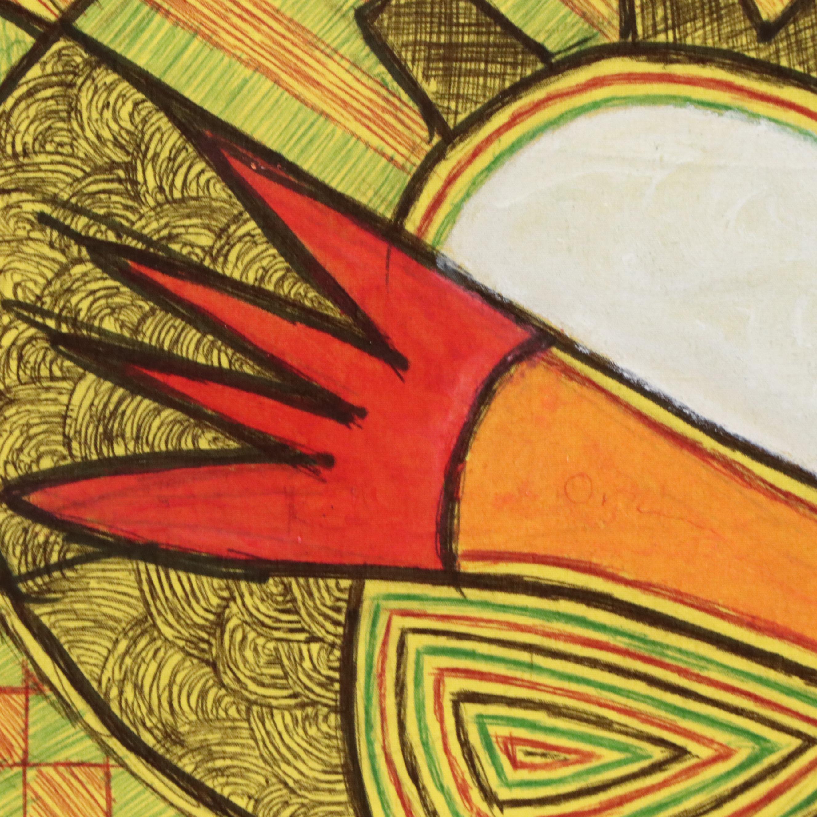 Kayode Buraimoh Mixed Media Painting "Feeding Fish," 2025