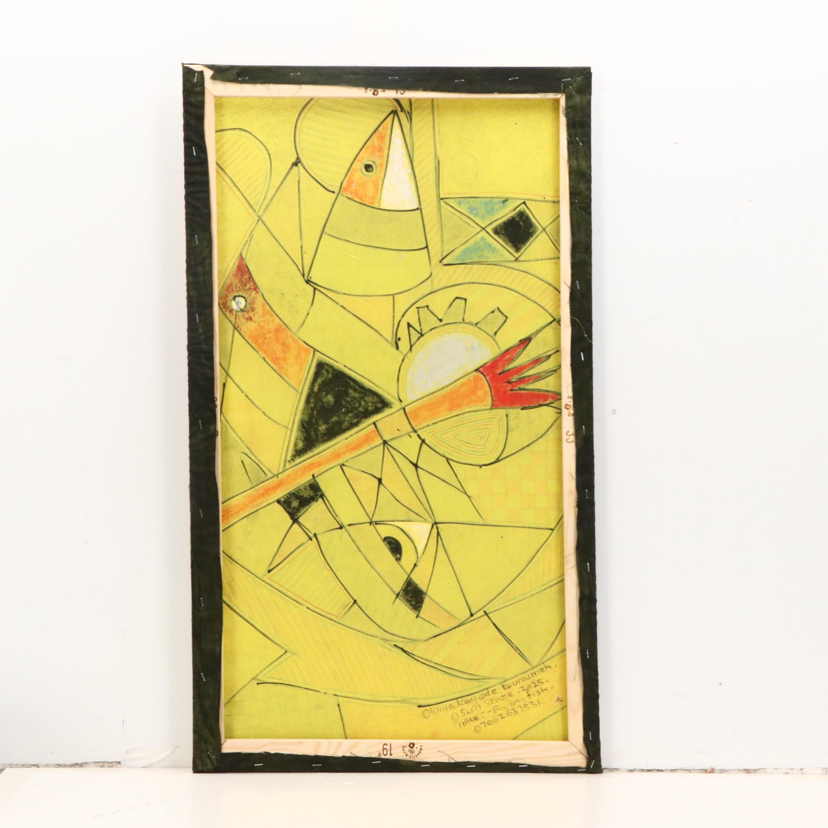 Kayode Buraimoh Mixed Media Painting "Feeding Fish," 2025