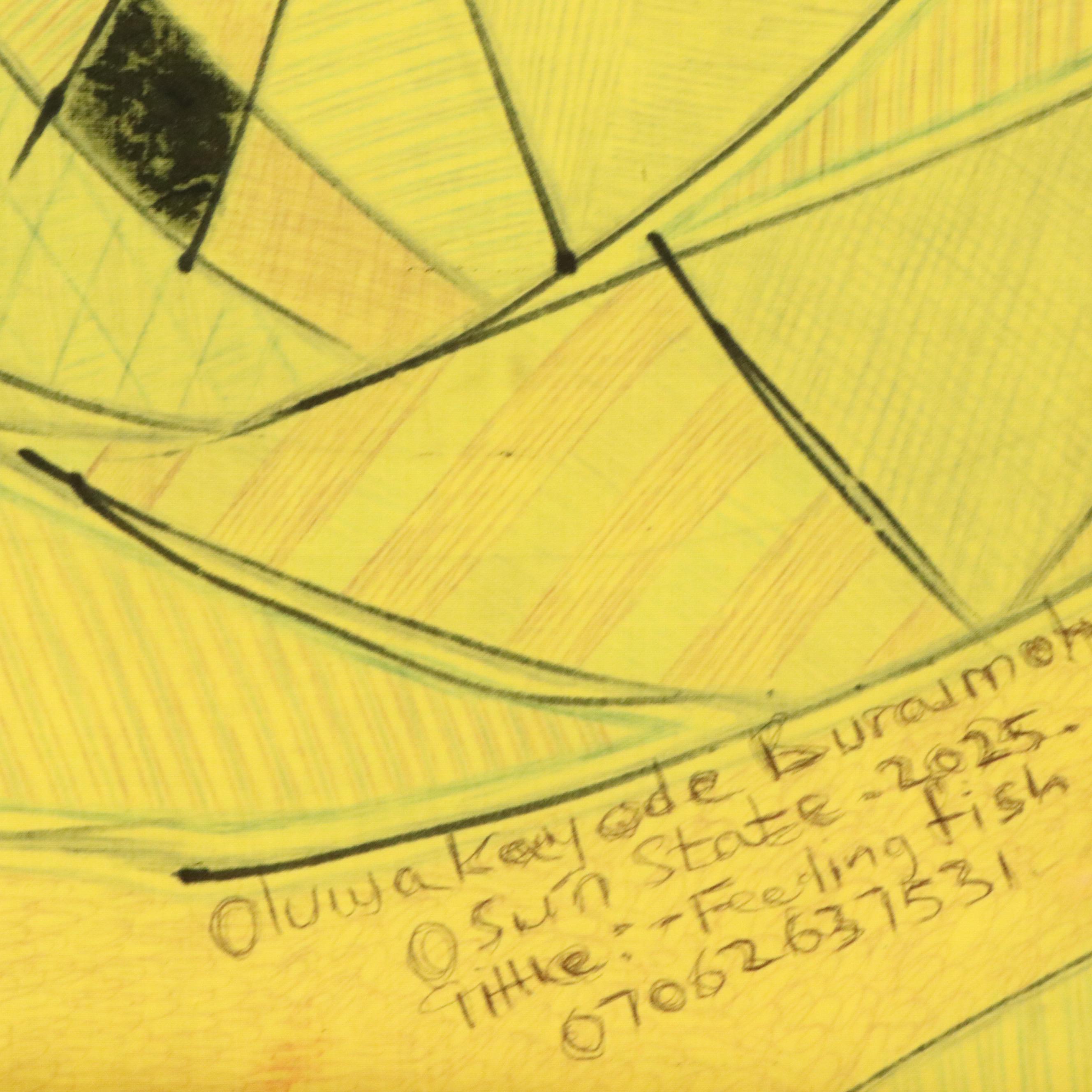 Kayode Buraimoh Mixed Media Painting "Feeding Fish," 2025