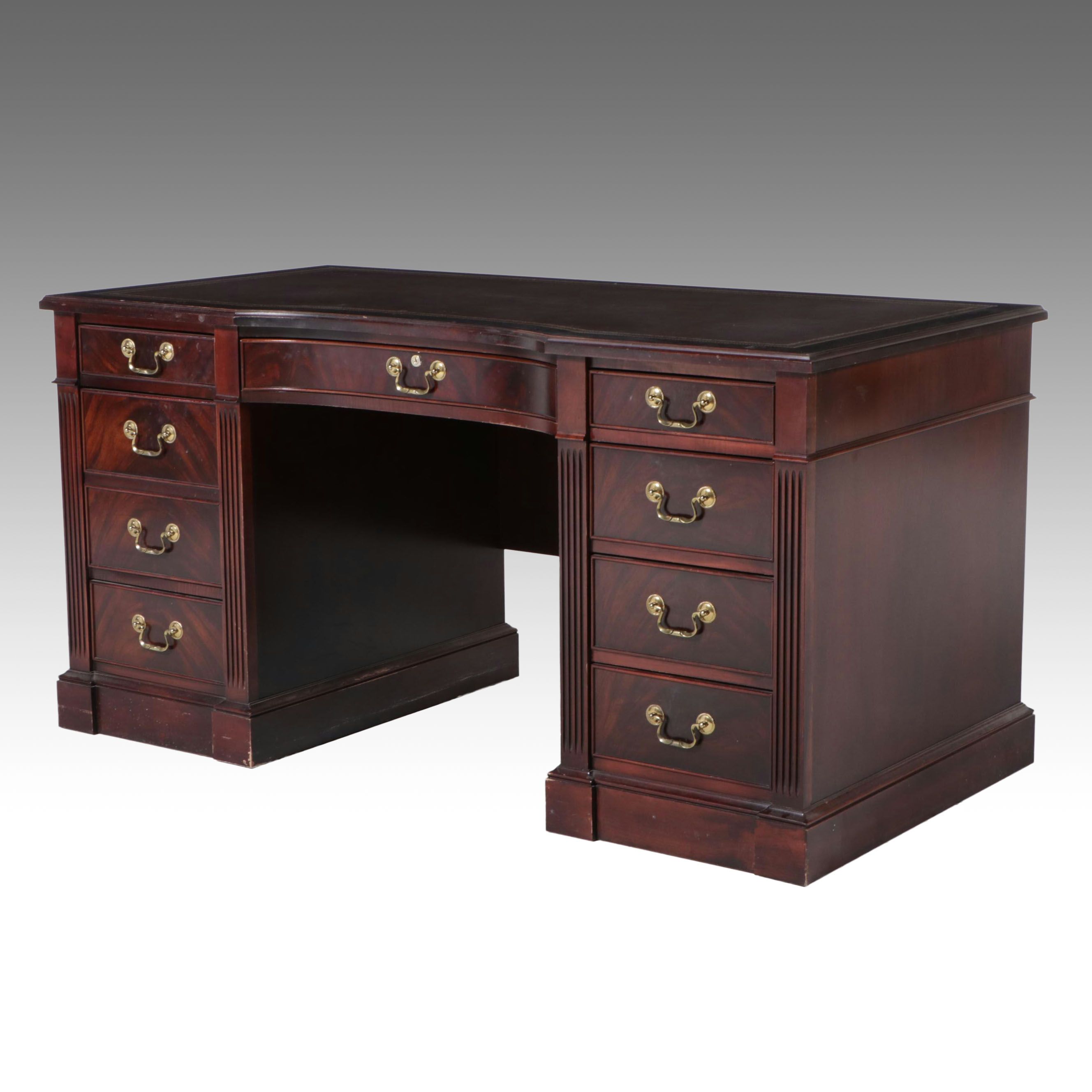 Leather Top Mahogany and Burl Wood Executive Desk