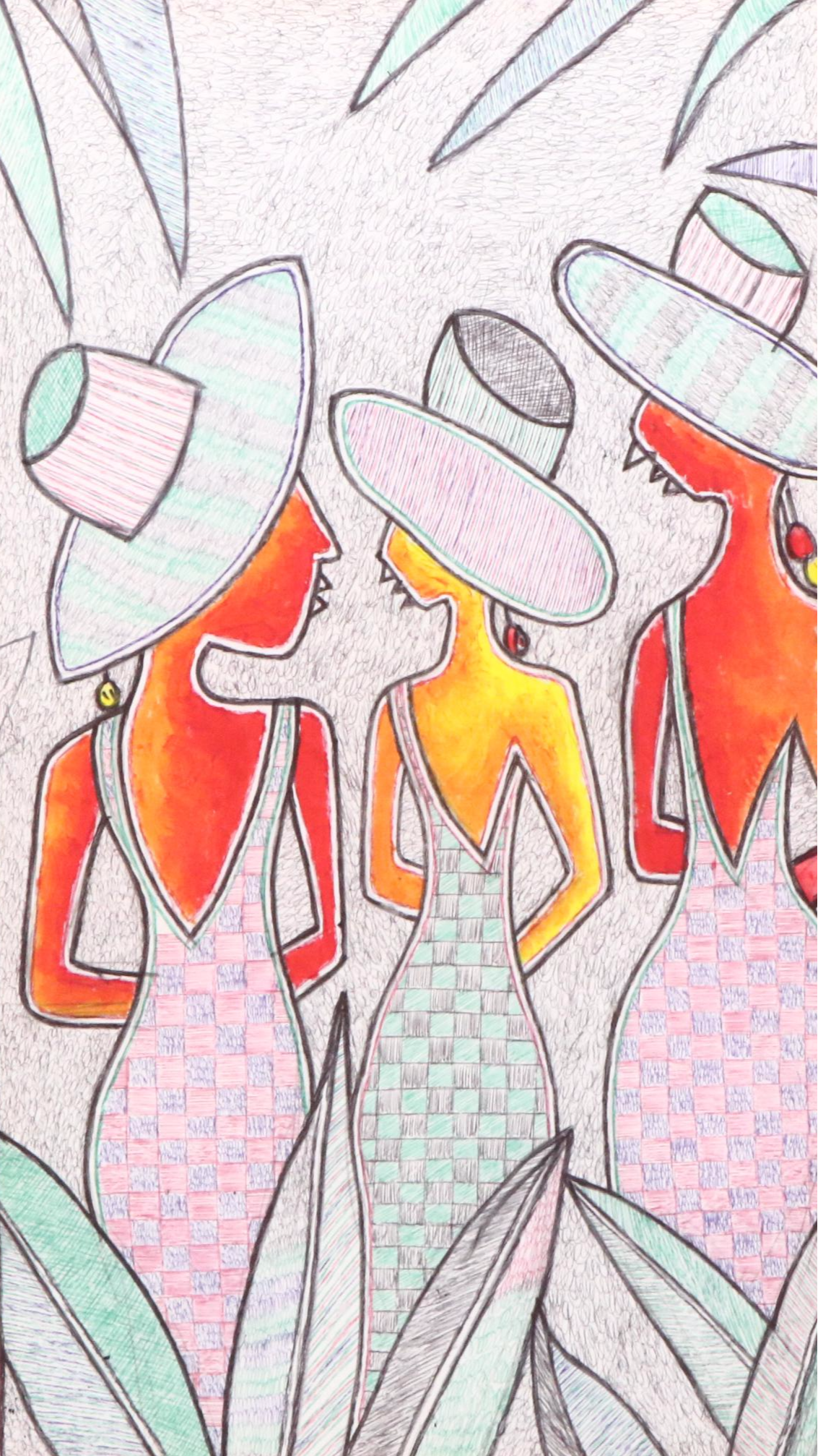 Kayode Buraimoh Mixed Media Painting of Three Women, 2025