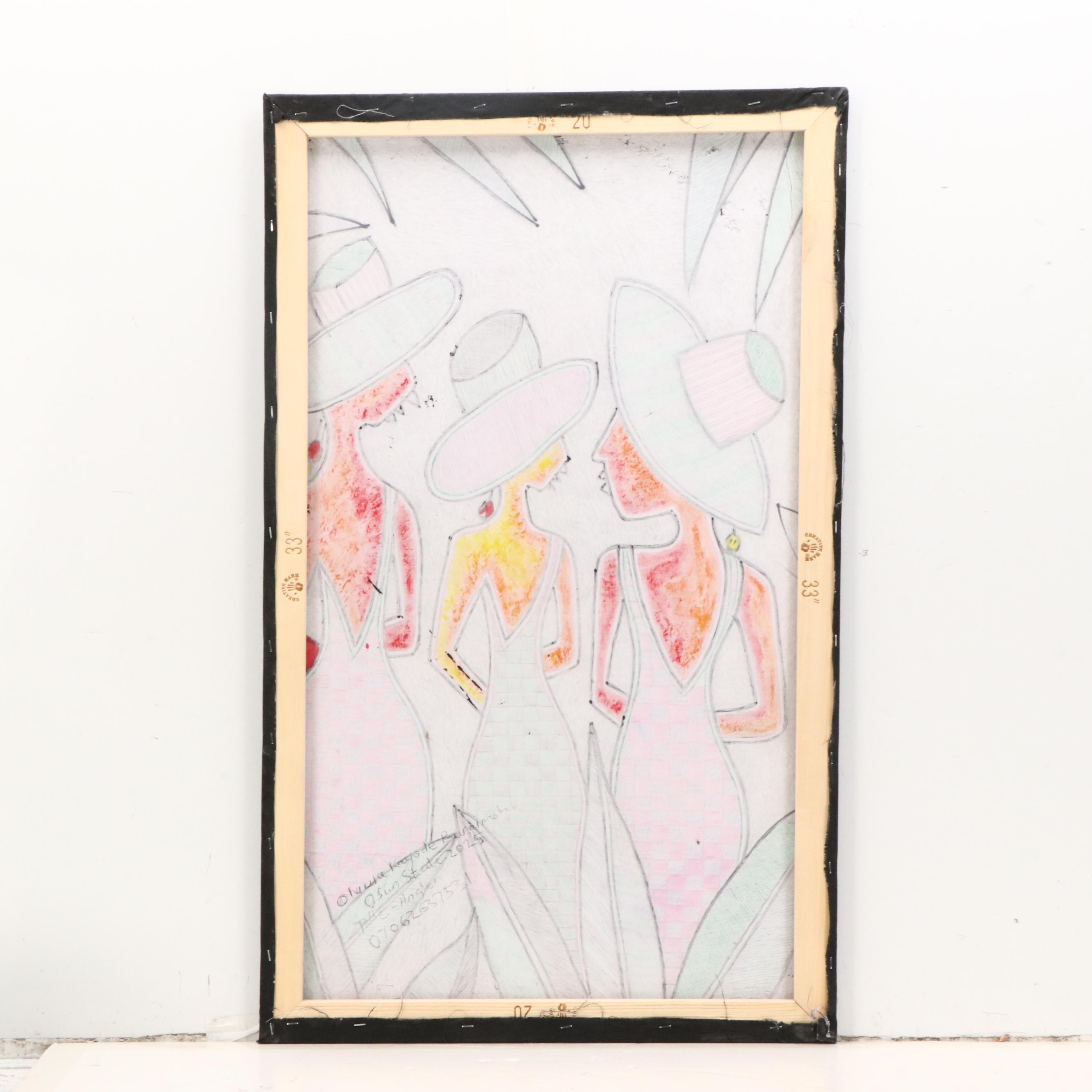 Kayode Buraimoh Mixed Media Painting of Three Women, 2025