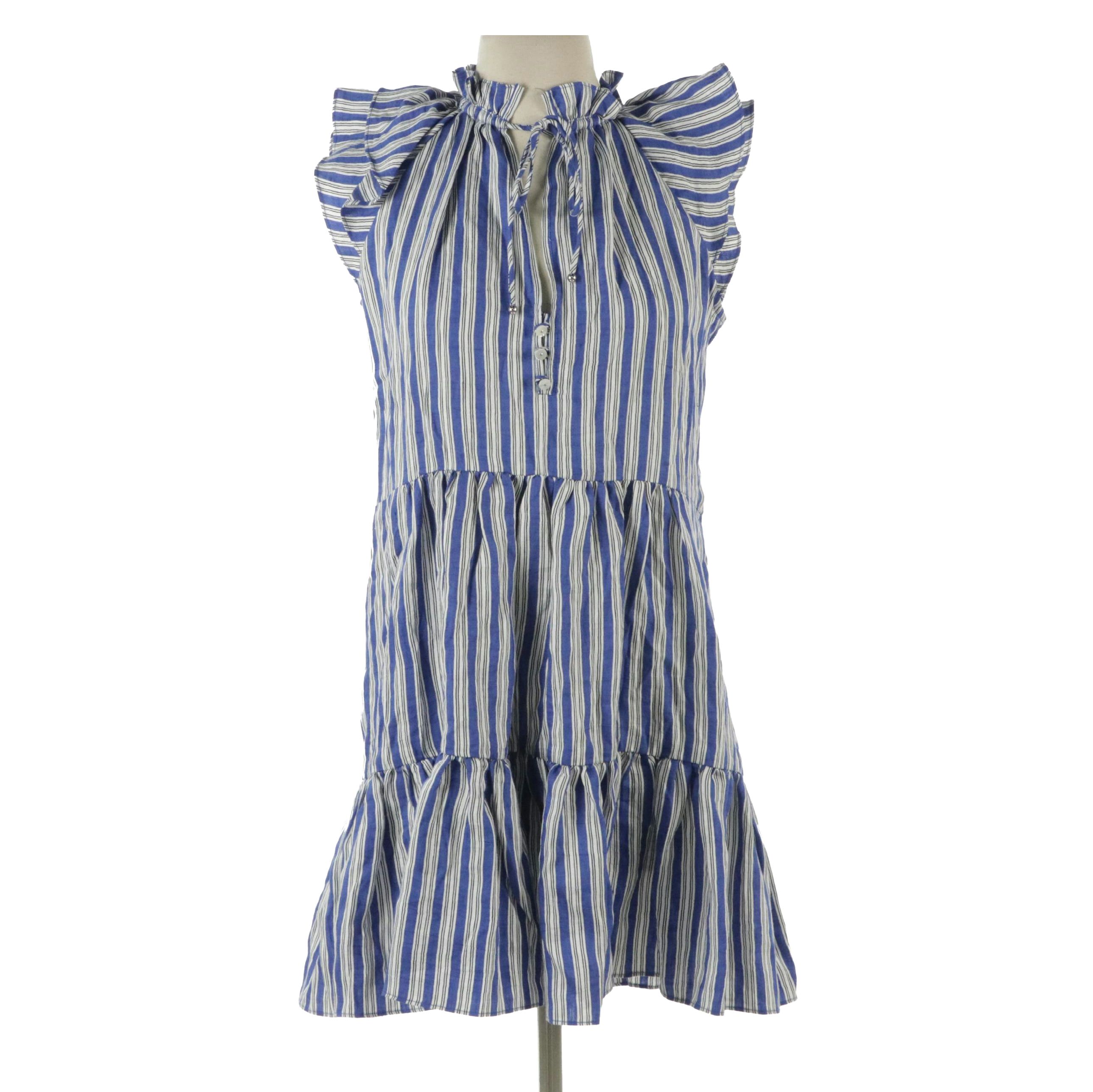Veronica Beard Zee Ruffle Mini Dress in Cobalt Blue Striped Linen Blend, W/ Tag