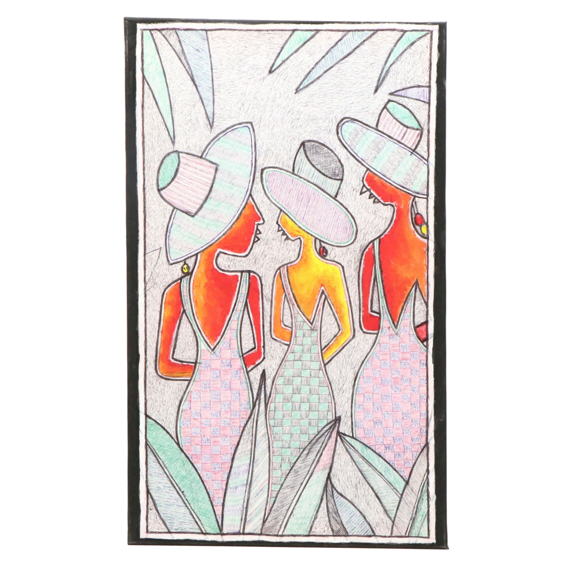 Kayode Buraimoh Mixed Media Painting of Three Women, 2025