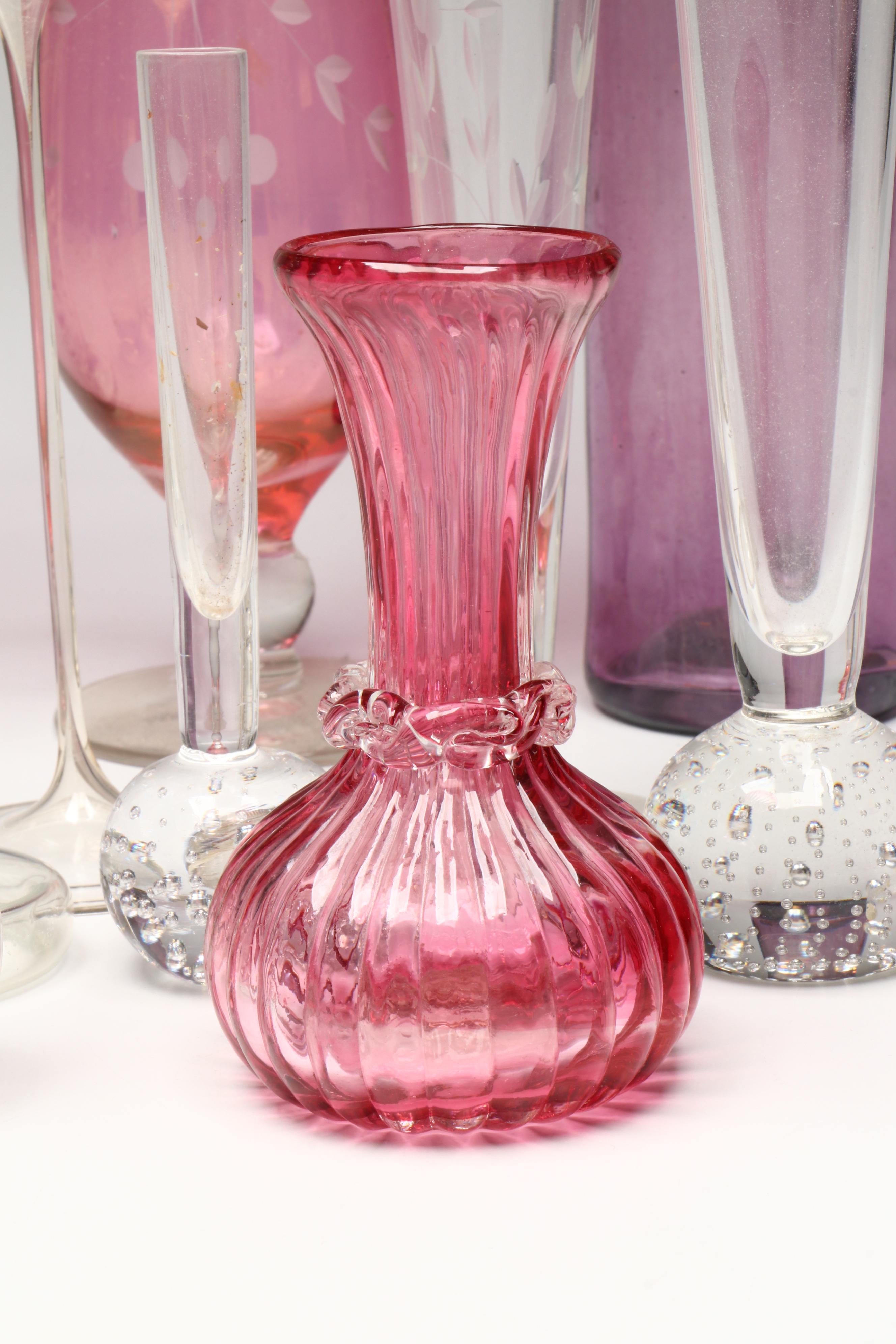 Pilgrim Glass "Cranberry" Bud Vase with Other Pink and Clear Blown Glassware
