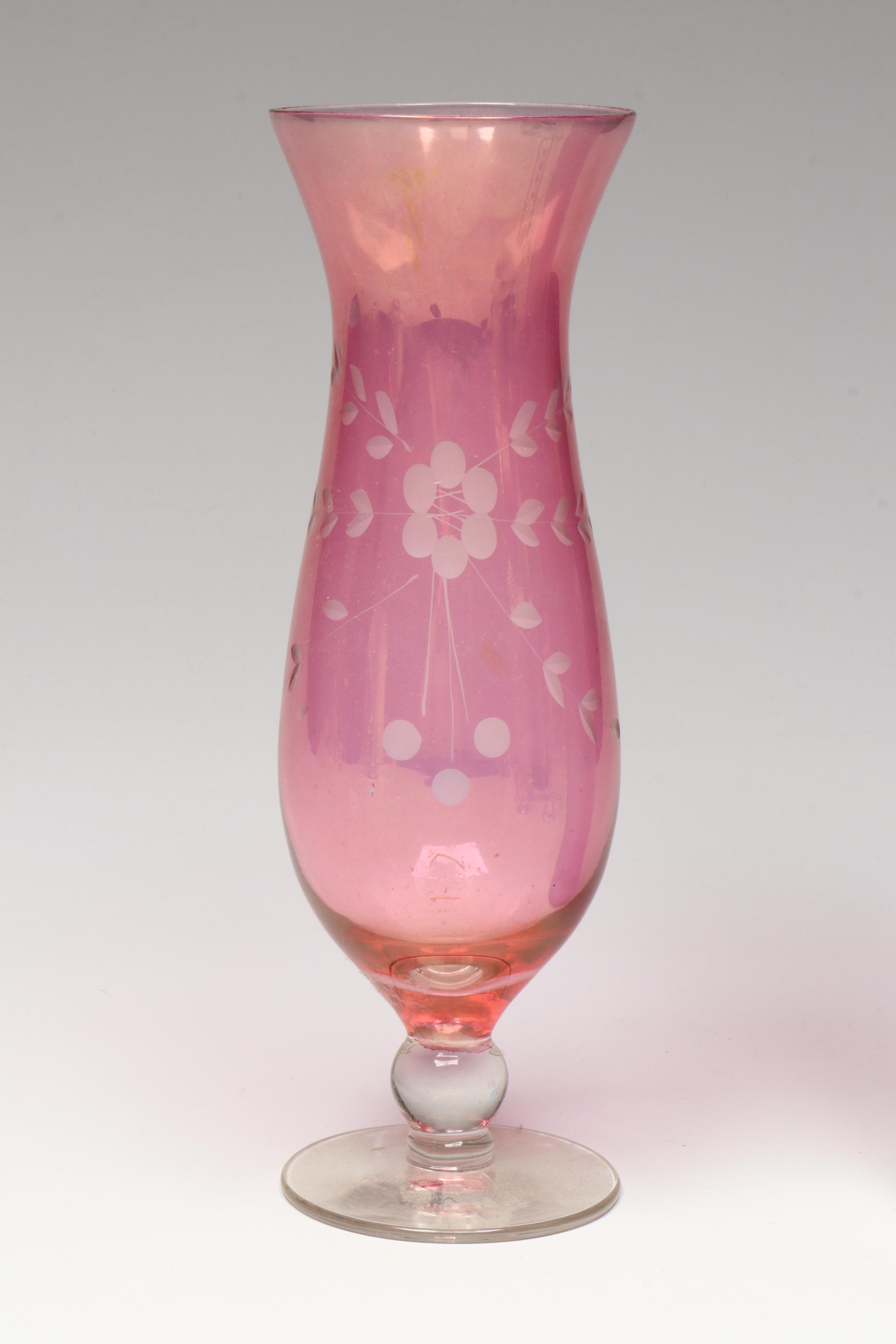 Pilgrim Glass "Cranberry" Bud Vase with Other Pink and Clear Blown Glassware