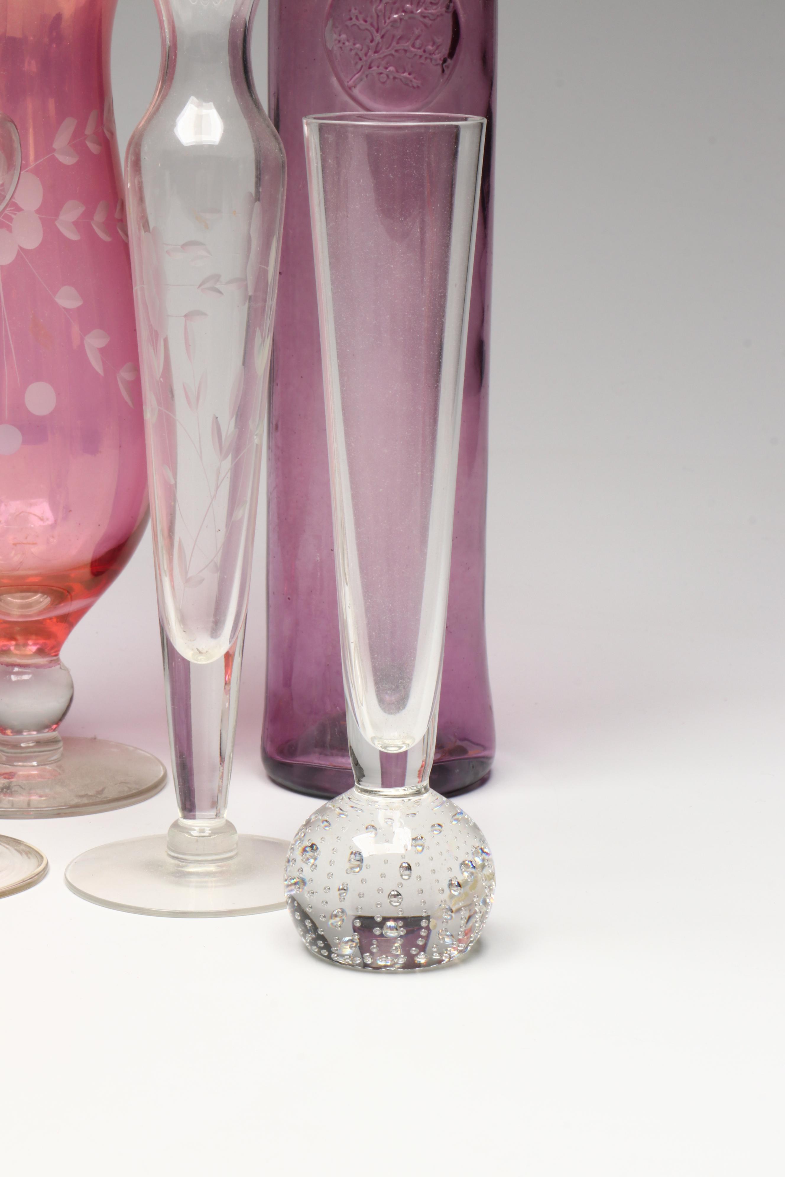 Pilgrim Glass "Cranberry" Bud Vase with Other Pink and Clear Blown Glassware