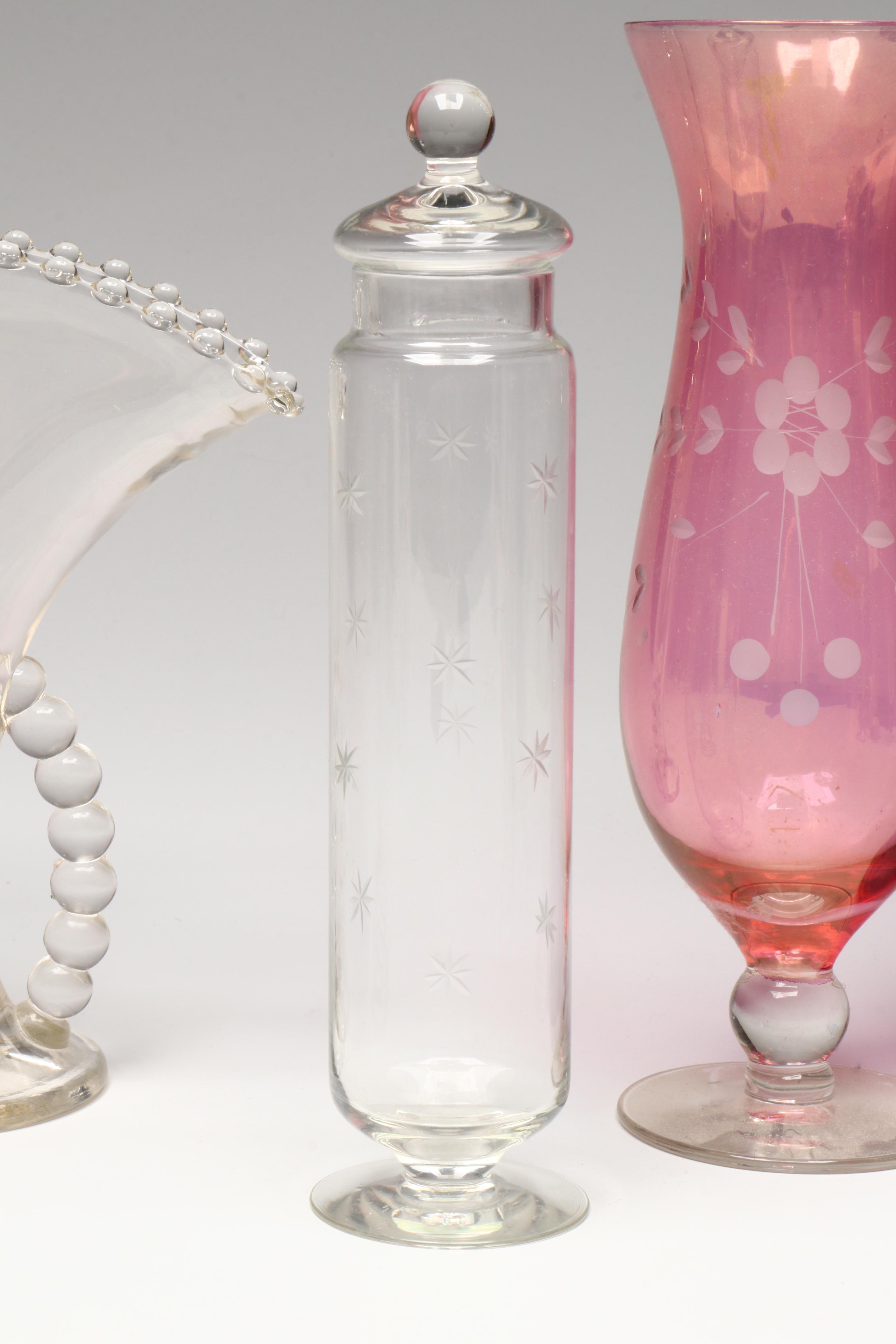 Pilgrim Glass "Cranberry" Bud Vase with Other Pink and Clear Blown Glassware
