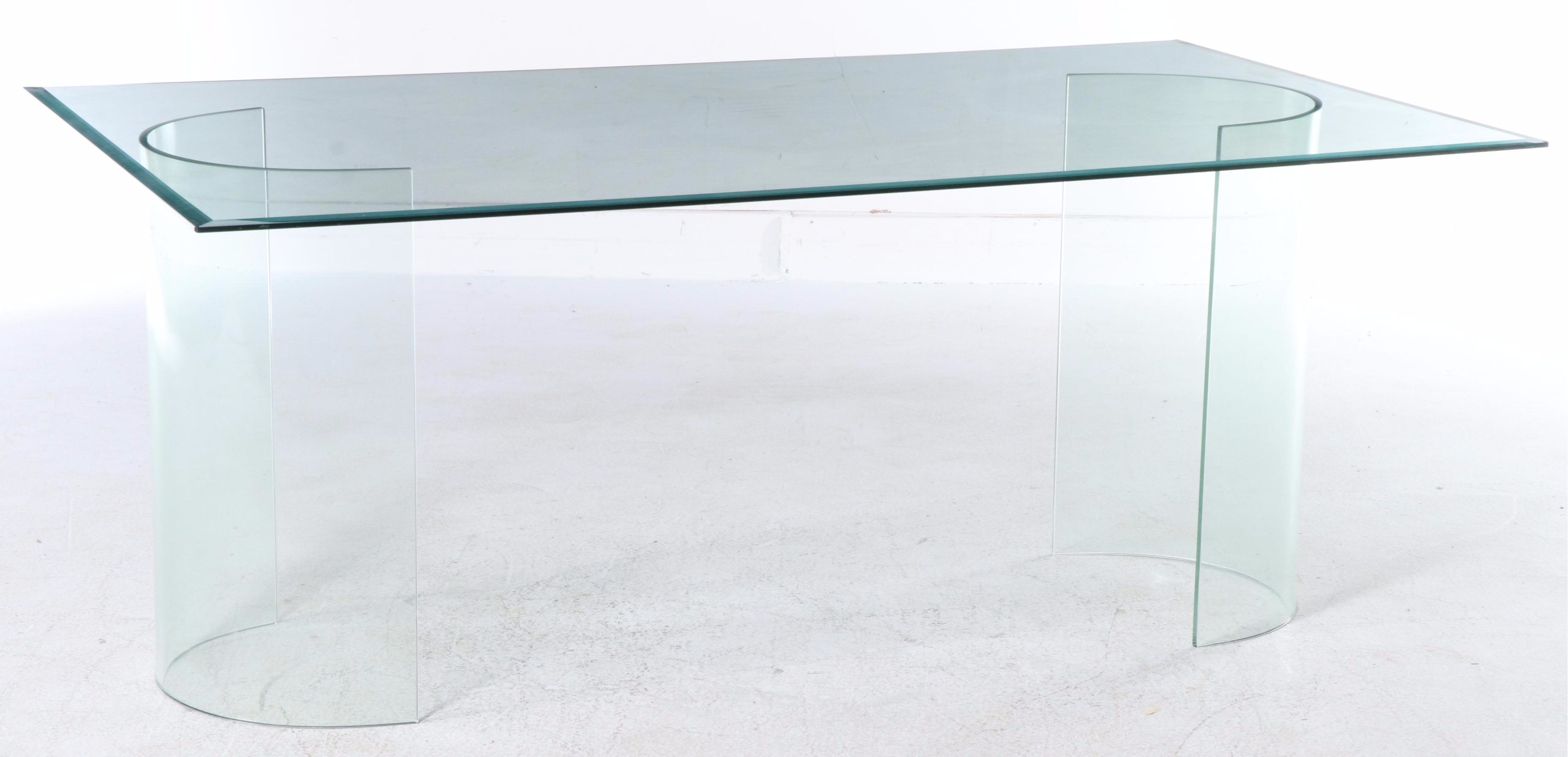 Postmodernist Glass Dining Table with Four Contemporary Blush Velvet Chairs