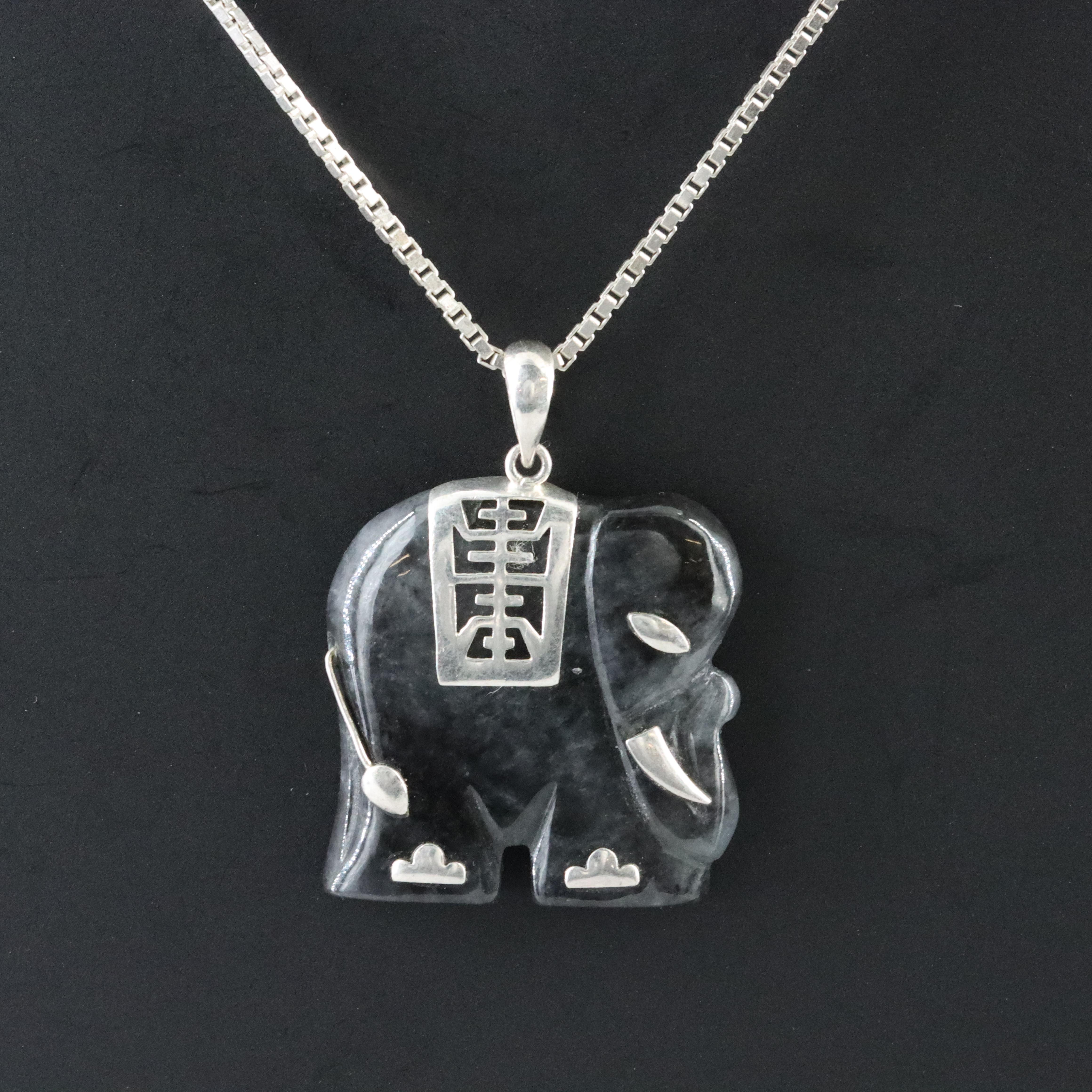 Sterling Carved Jadeite Elephant Pendant Necklace