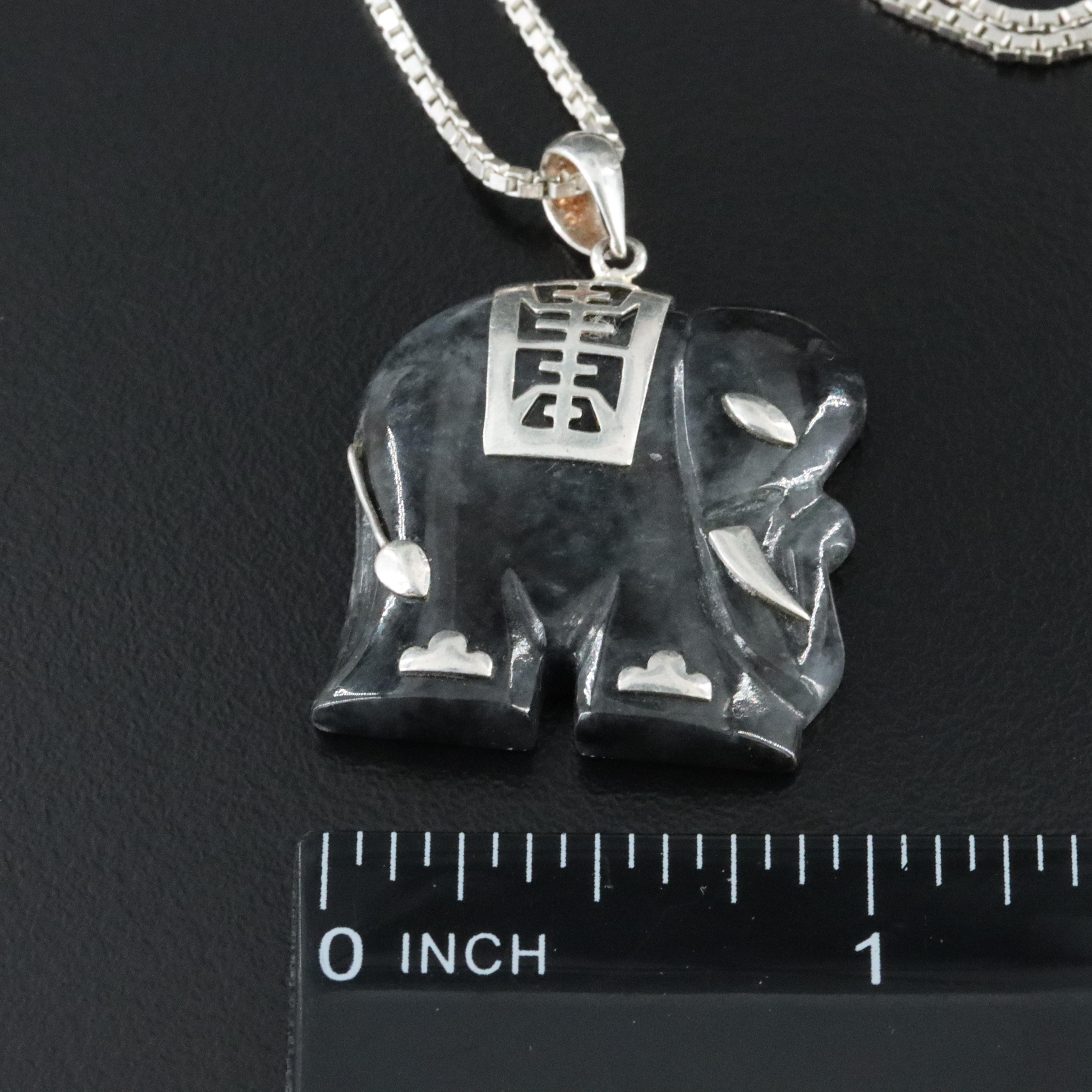 Sterling Carved Jadeite Elephant Pendant Necklace