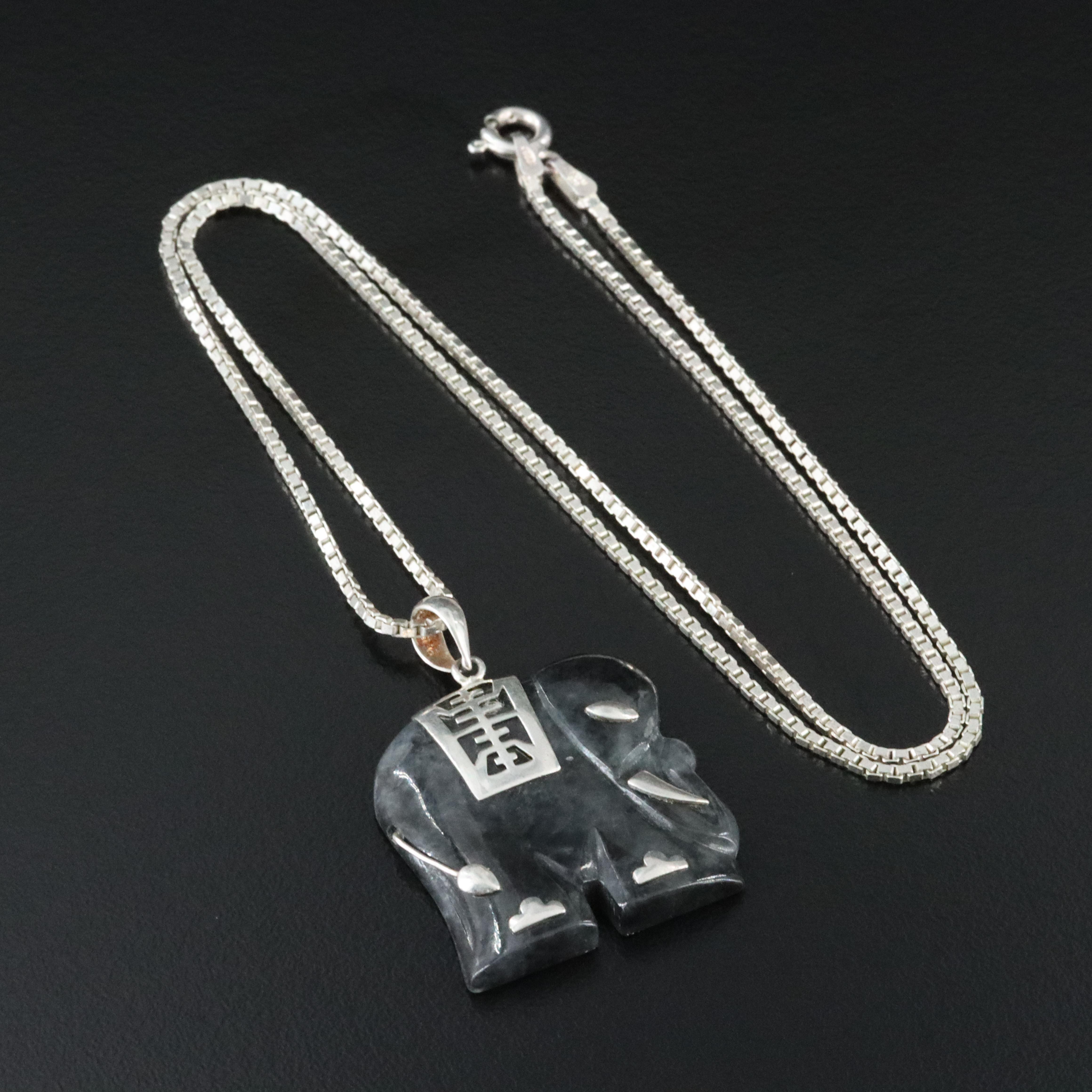 Sterling Carved Jadeite Elephant Pendant Necklace