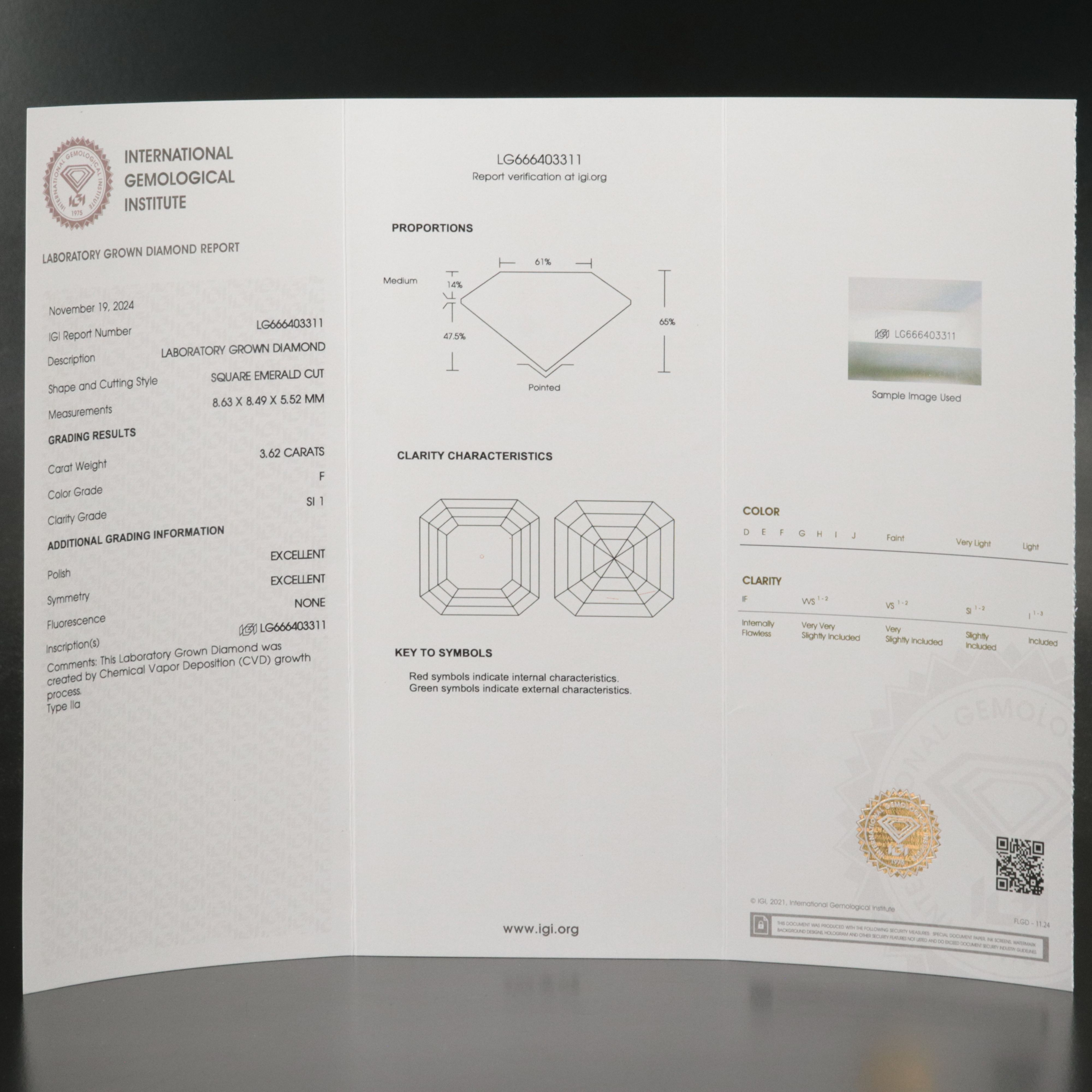 Loose 3.62 CT Lab Grown Diamond with IGI Report