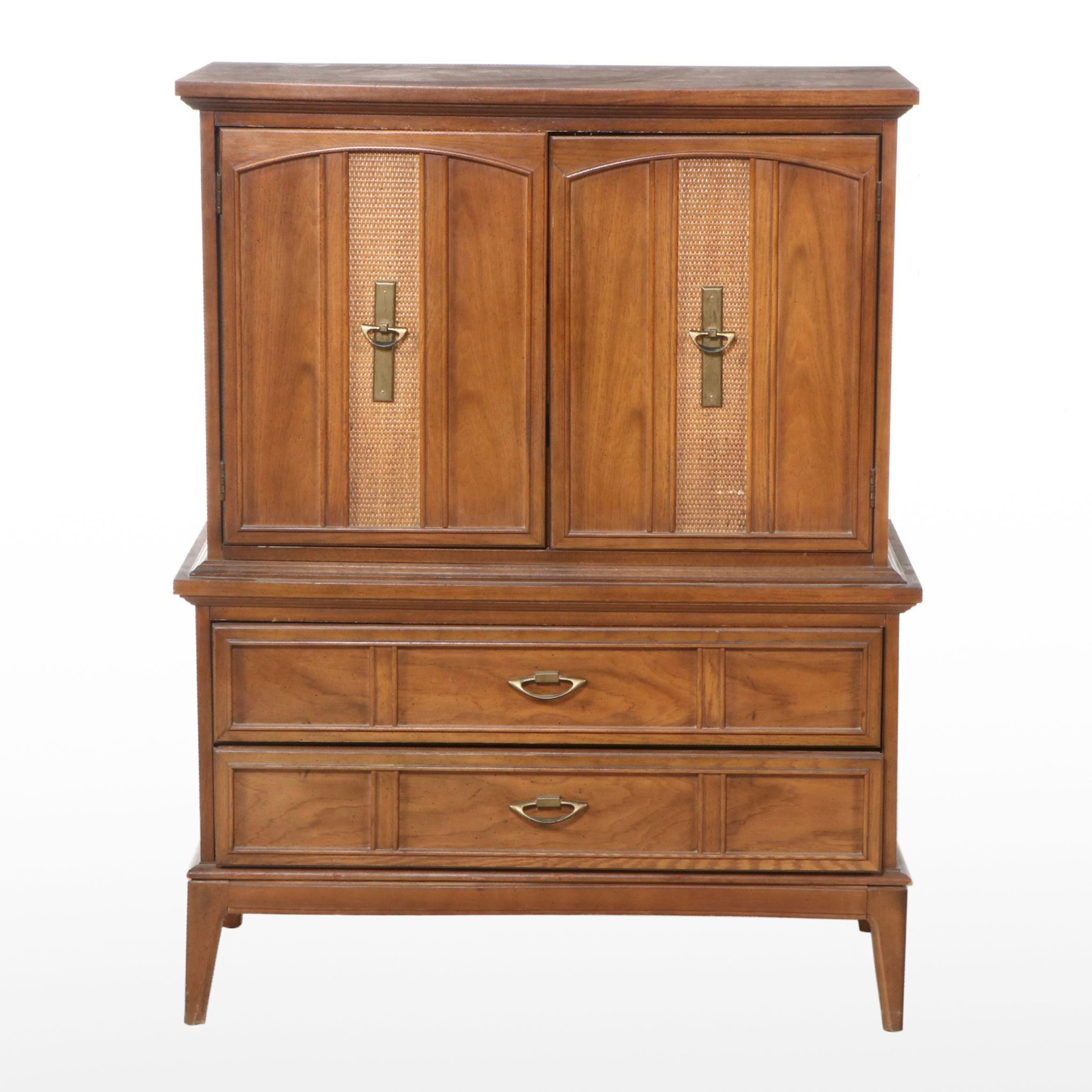 Dixie Mid Century Modern Style Walnut and Rattan Front Chest of Drawers