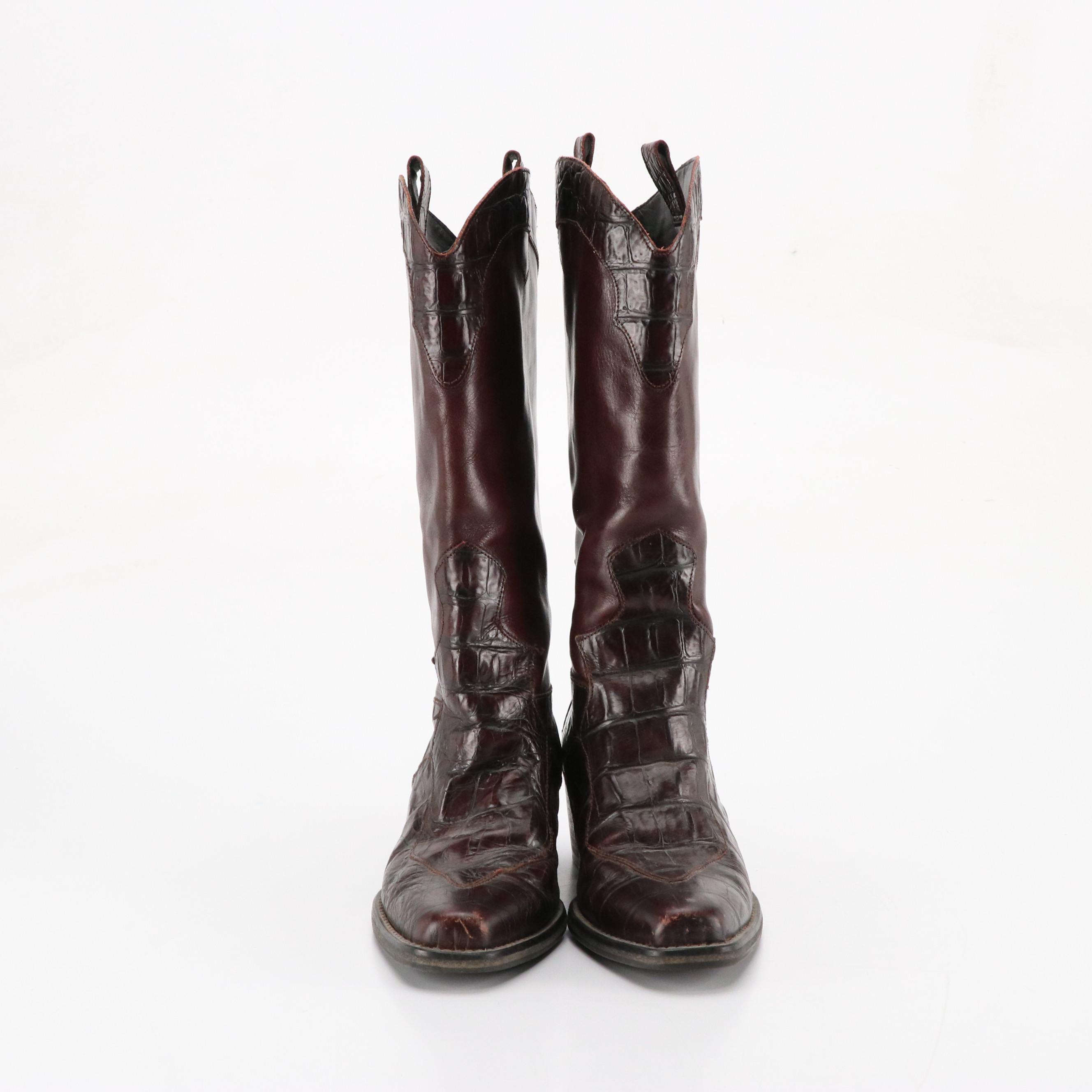 Joan & David Vintage Burgundy Leather Boots with Croc Accents, Sam & Libby Boots