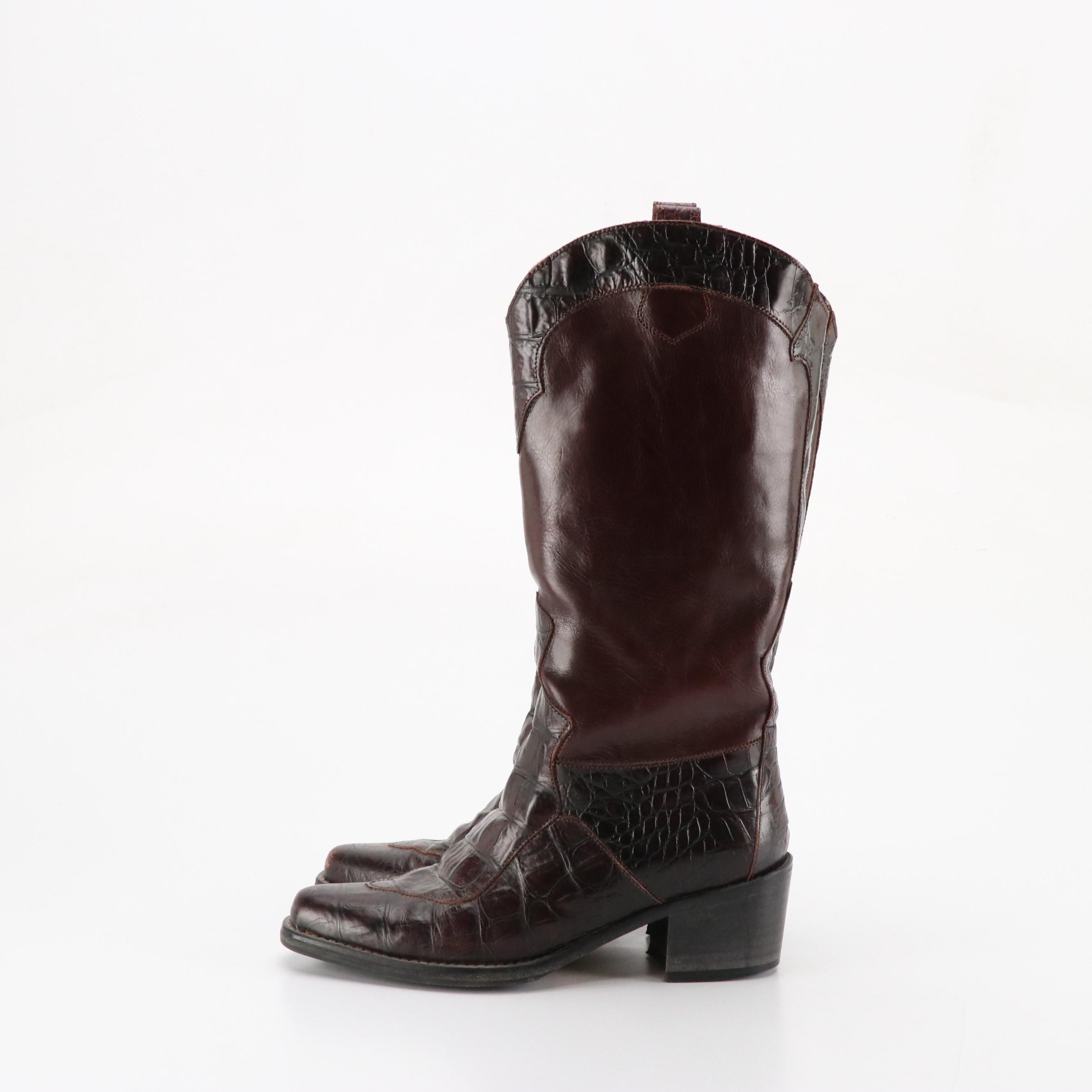 Joan & David Vintage Burgundy Leather Boots with Croc Accents, Sam & Libby Boots