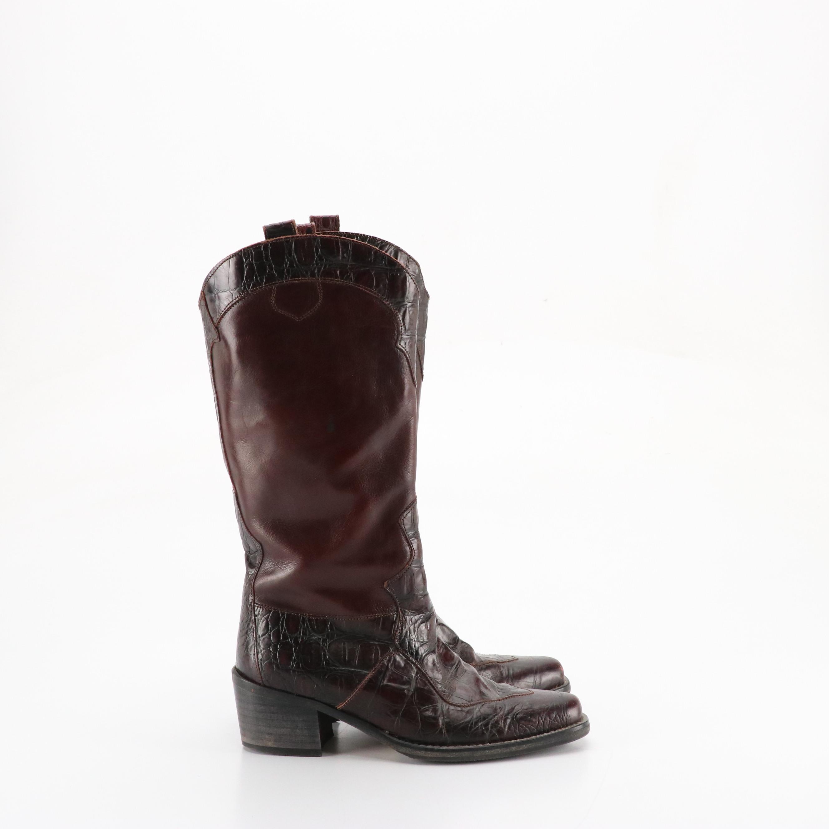 Joan & David Vintage Burgundy Leather Boots with Croc Accents, Sam & Libby Boots