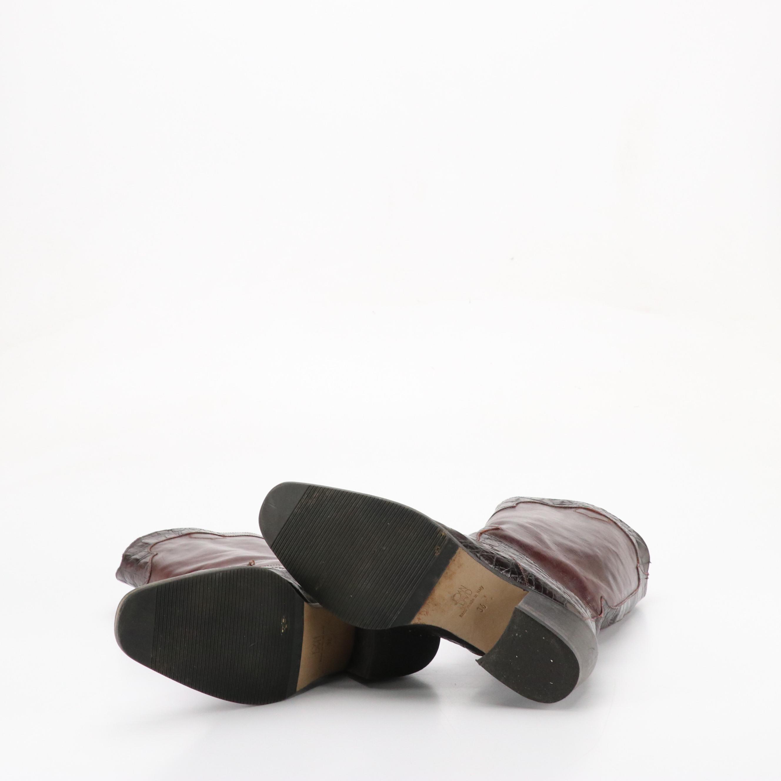 Joan & David Vintage Burgundy Leather Boots with Croc Accents, Sam & Libby Boots