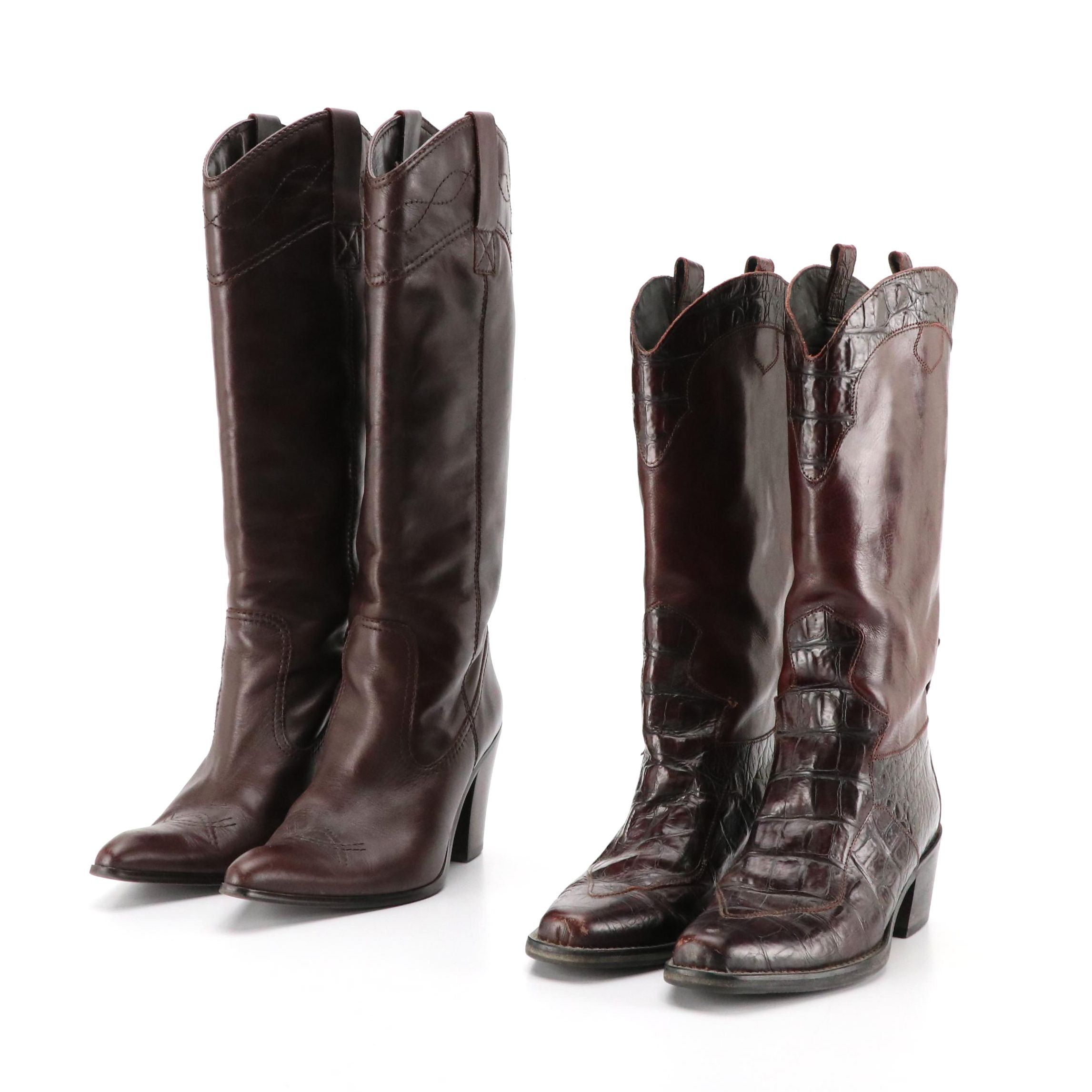 Joan & David Vintage Burgundy Leather Boots with Croc Accents, Sam & Libby Boots