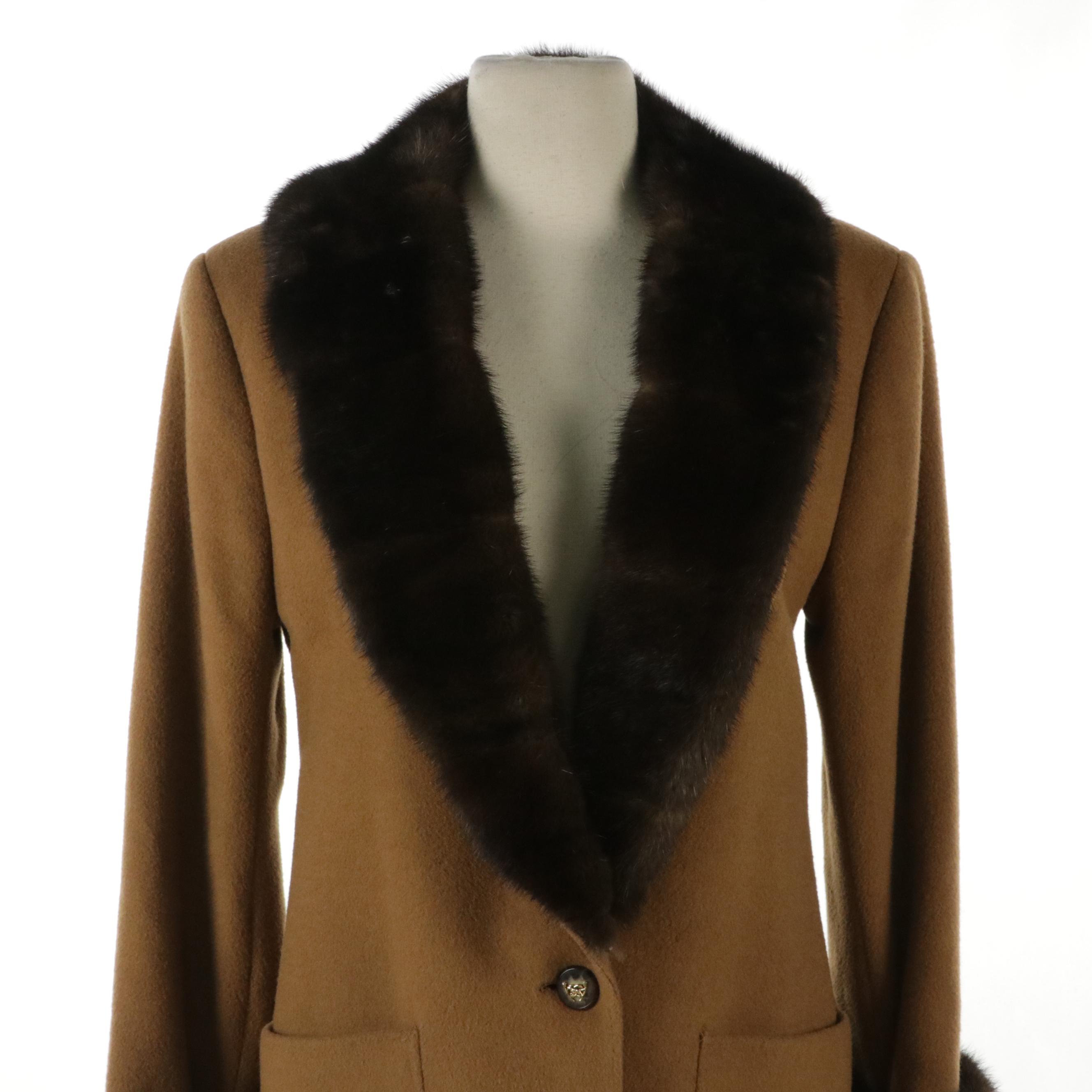 Joseph Bianco Vintage Tan Wool Single Button Blazer with Mink Fur Trim