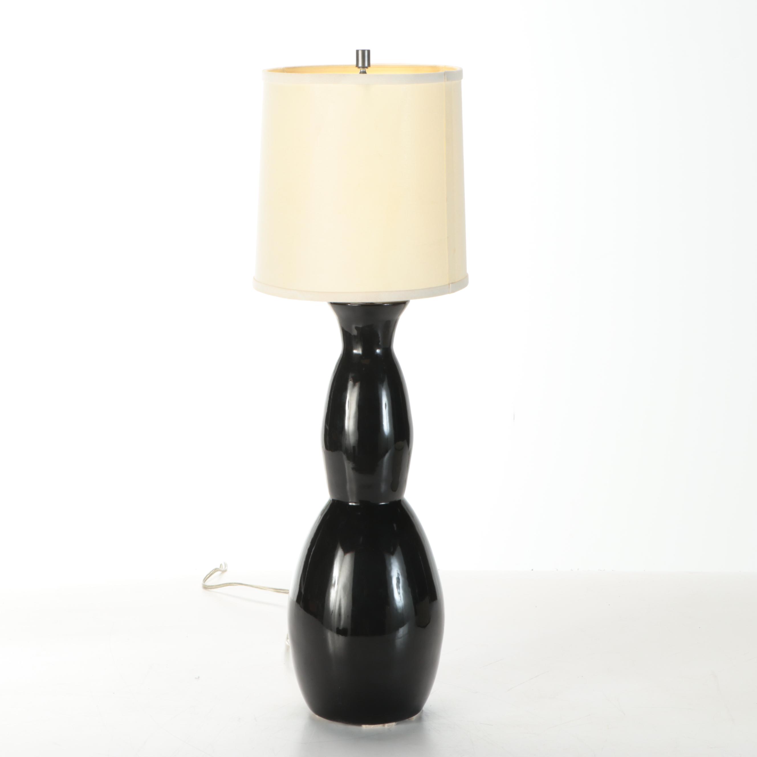 Contemporary Ceramic Gourd Table Lamp with Houndstooth and White Double Shade
