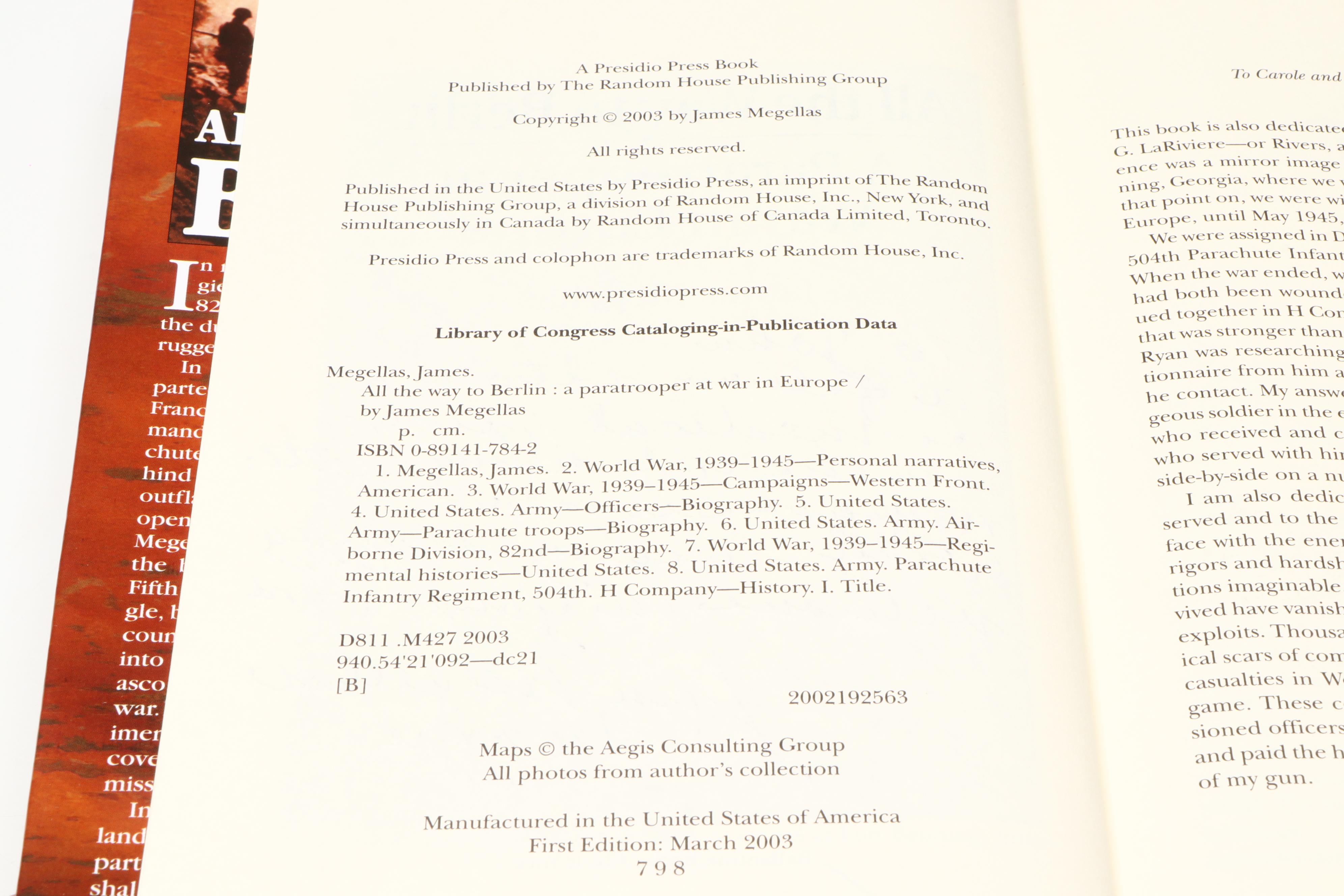Signed "All the Way to Berlin" by James Megellas and Other Military Books