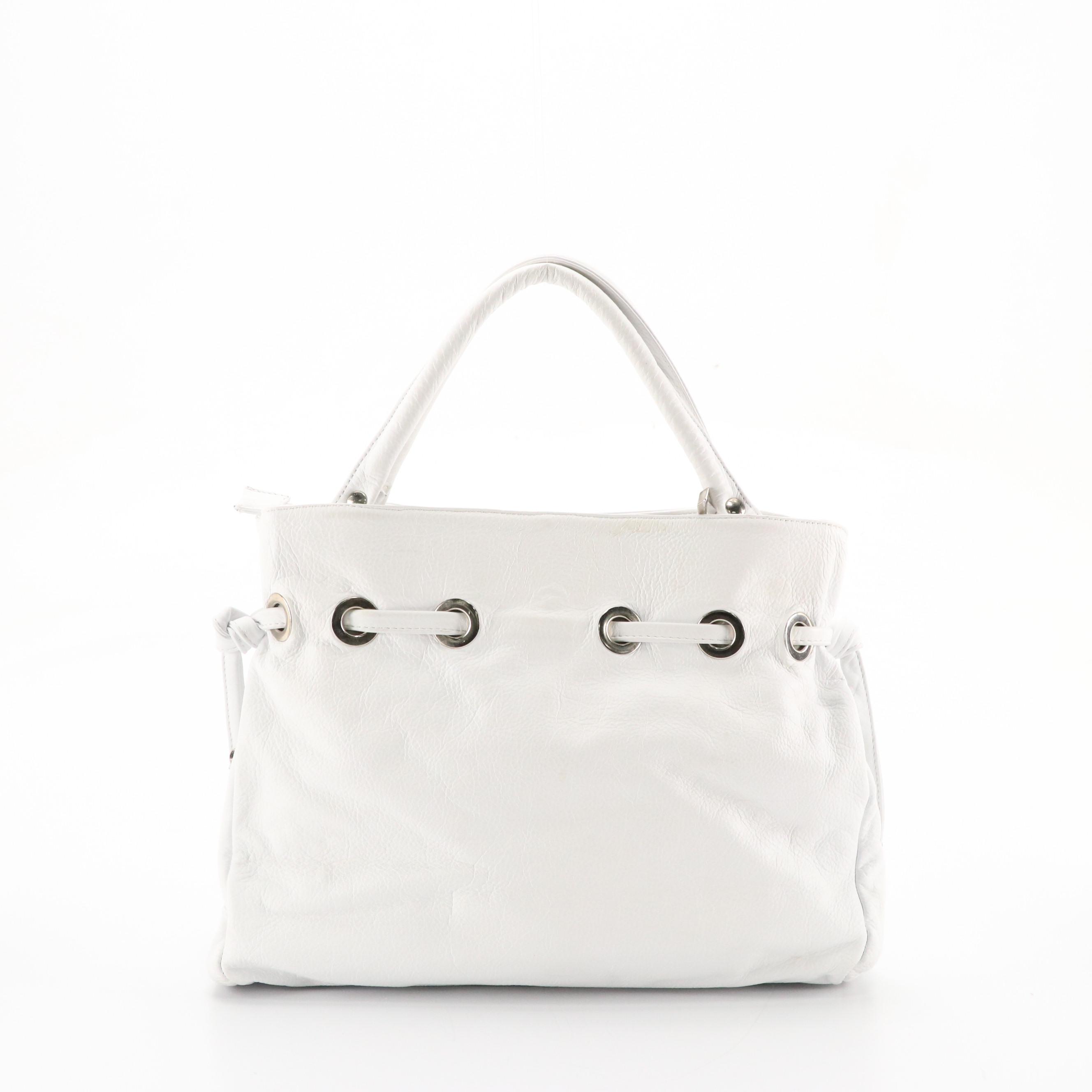 Vera Pelle Drawstring Two-Way Satchel in Embroidered White Leather