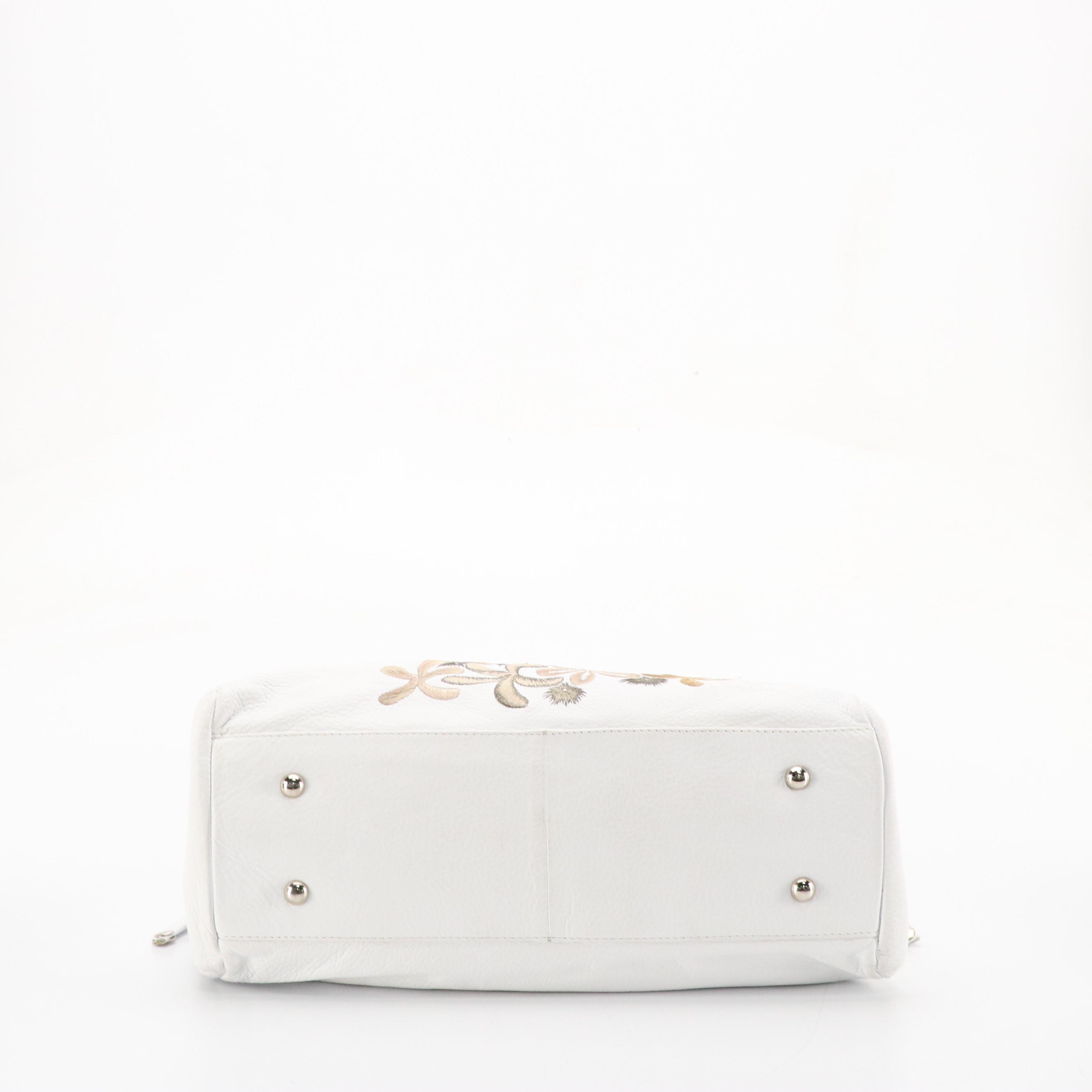 Vera Pelle Drawstring Two-Way Satchel in Embroidered White Leather