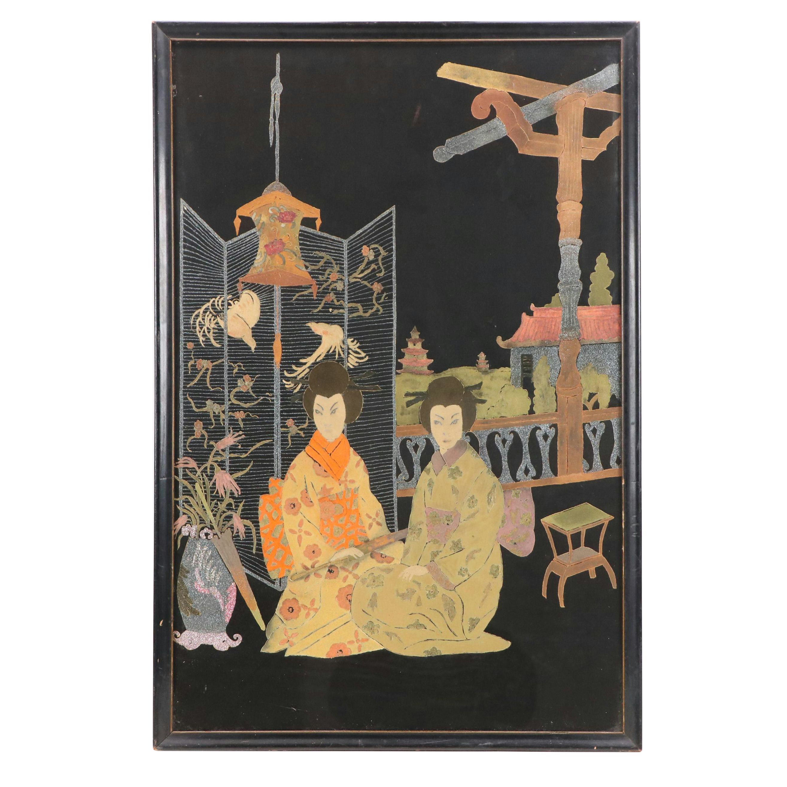 Japanese Style Mixed Media Painting on Silk of Two Seated Women